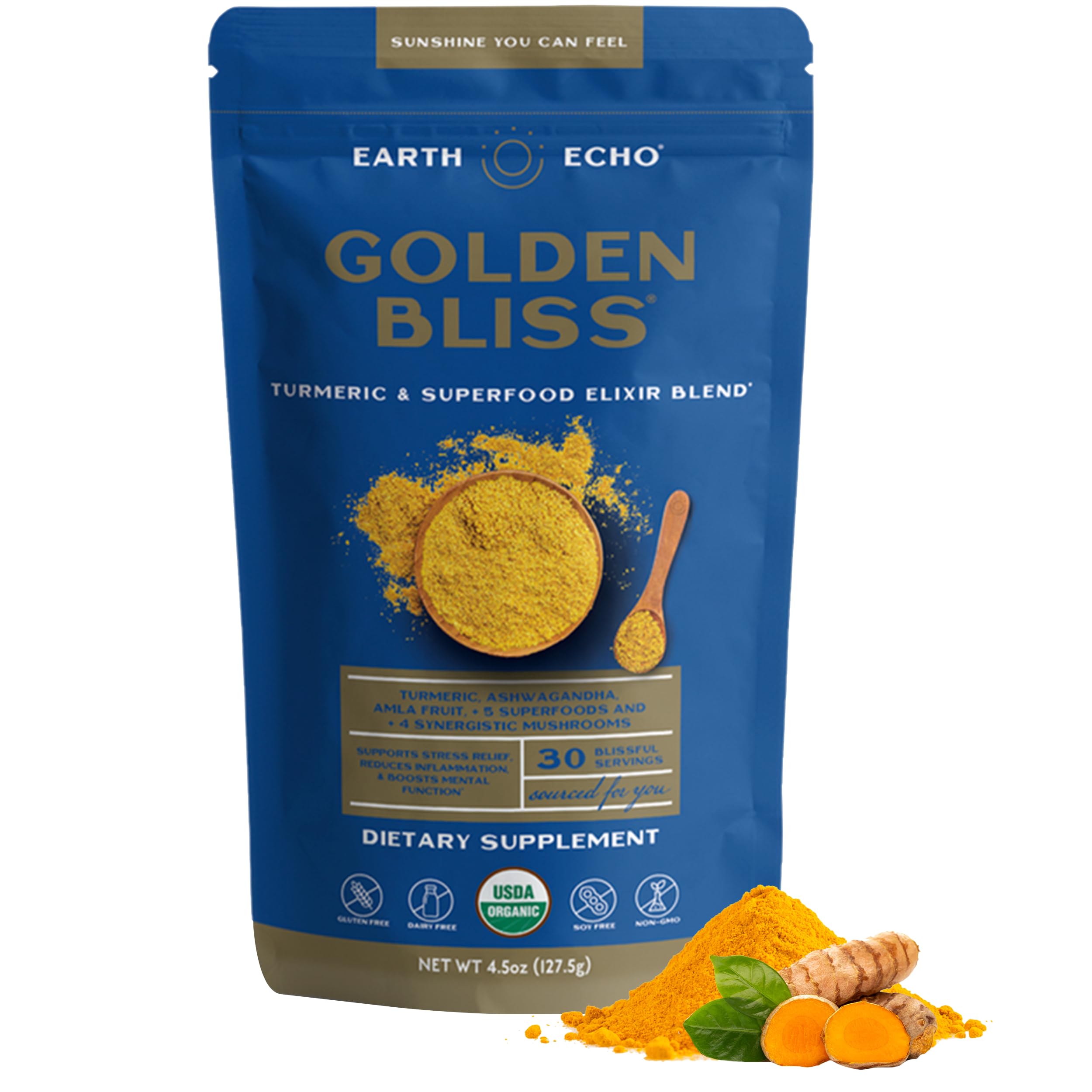 Earth Echo Golden Bliss: poudre dorée prête à être mélangée pour un rituel apaisant.