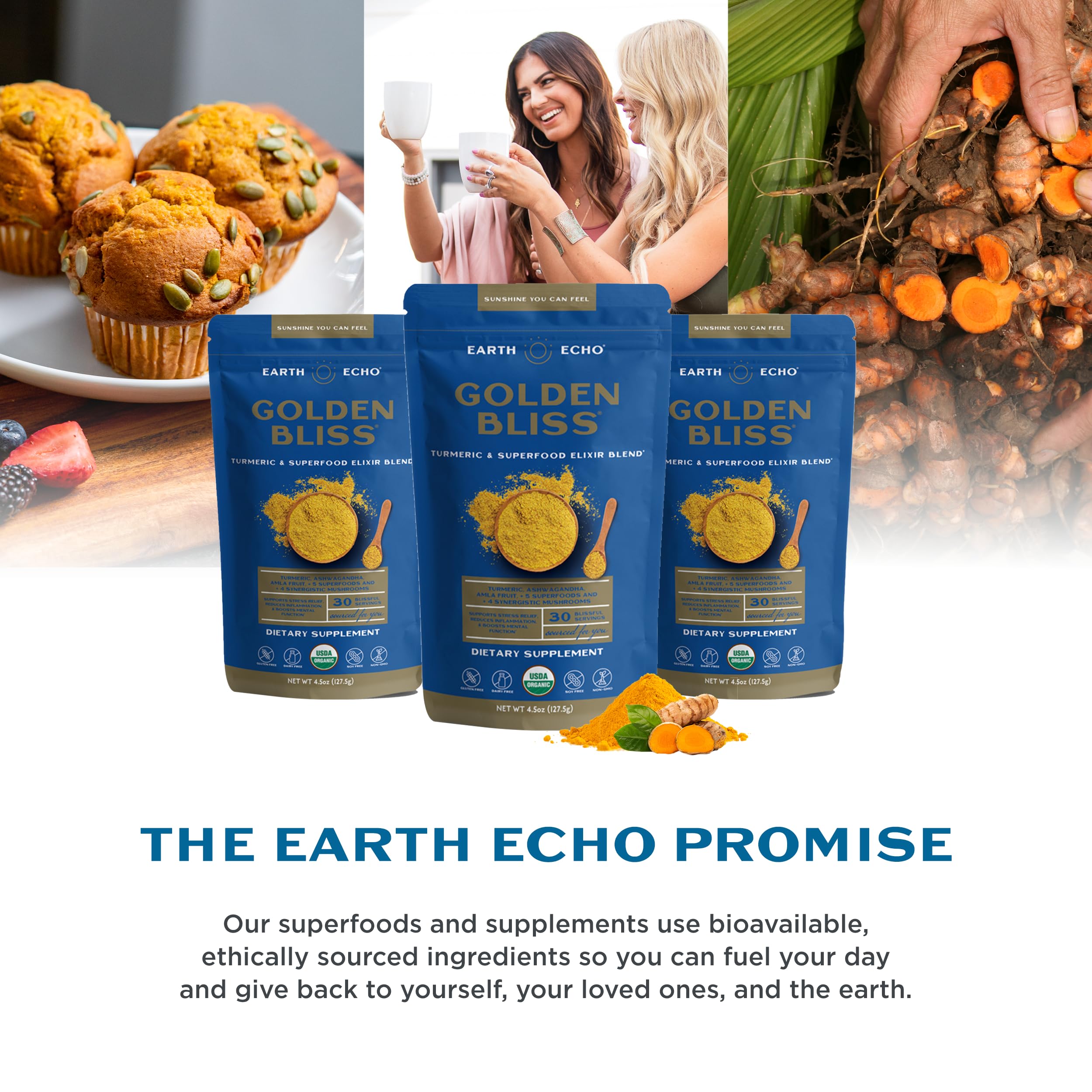 Earth Echo Golden Bliss: poudre dorée vegan sans lactose, adaptée au keto.