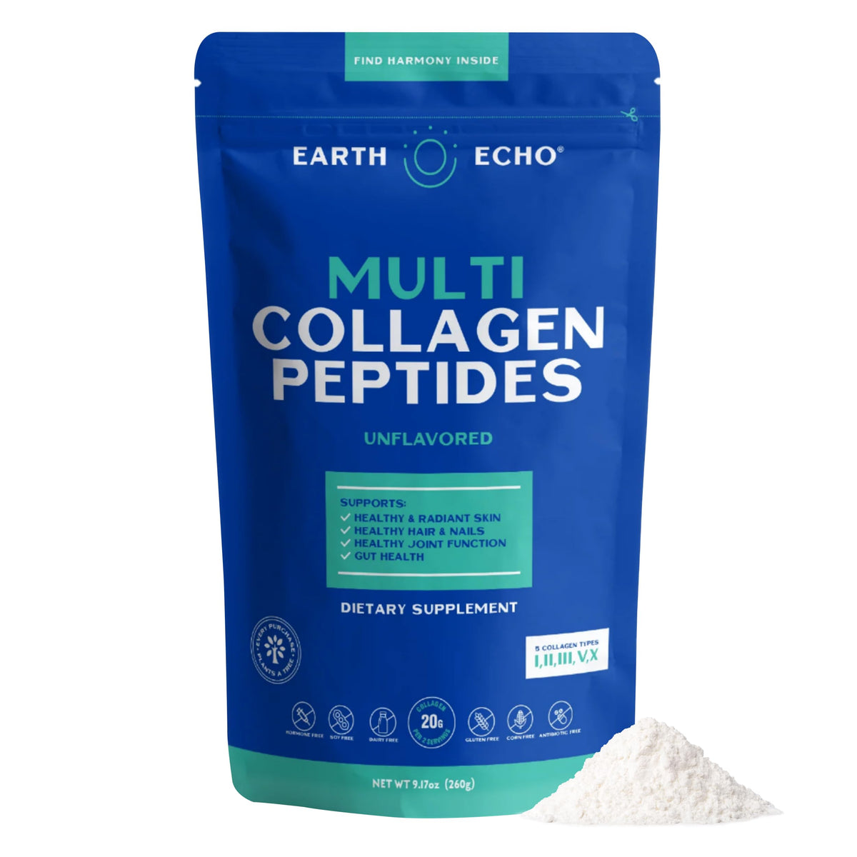 Earth Echo Multi Collagen poudre hydrolysée: absorption rapide pour peau et articulations.