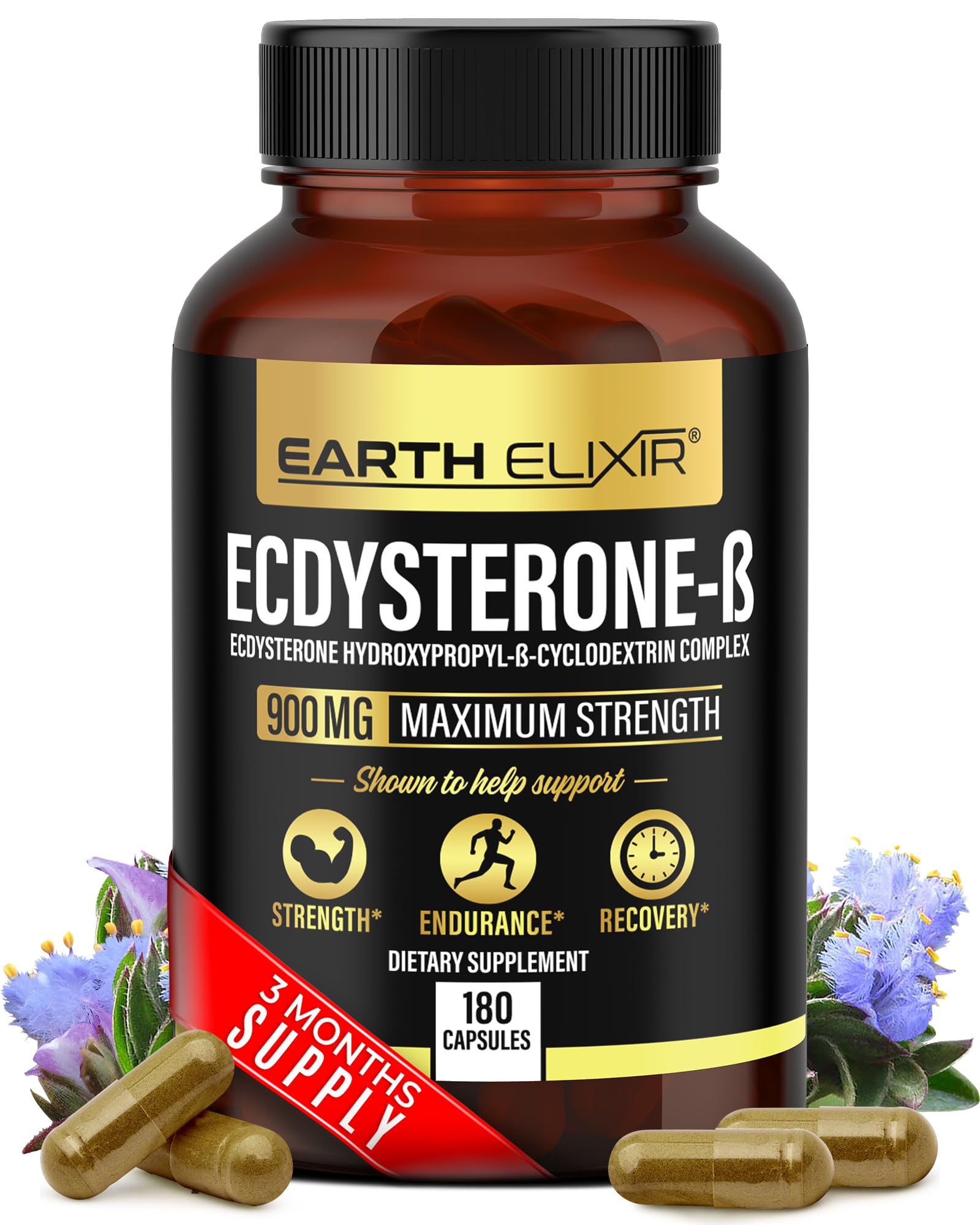 Earth Elixir Ecdysterone – bouteille et capsules pour soutien potentiel à la performance.