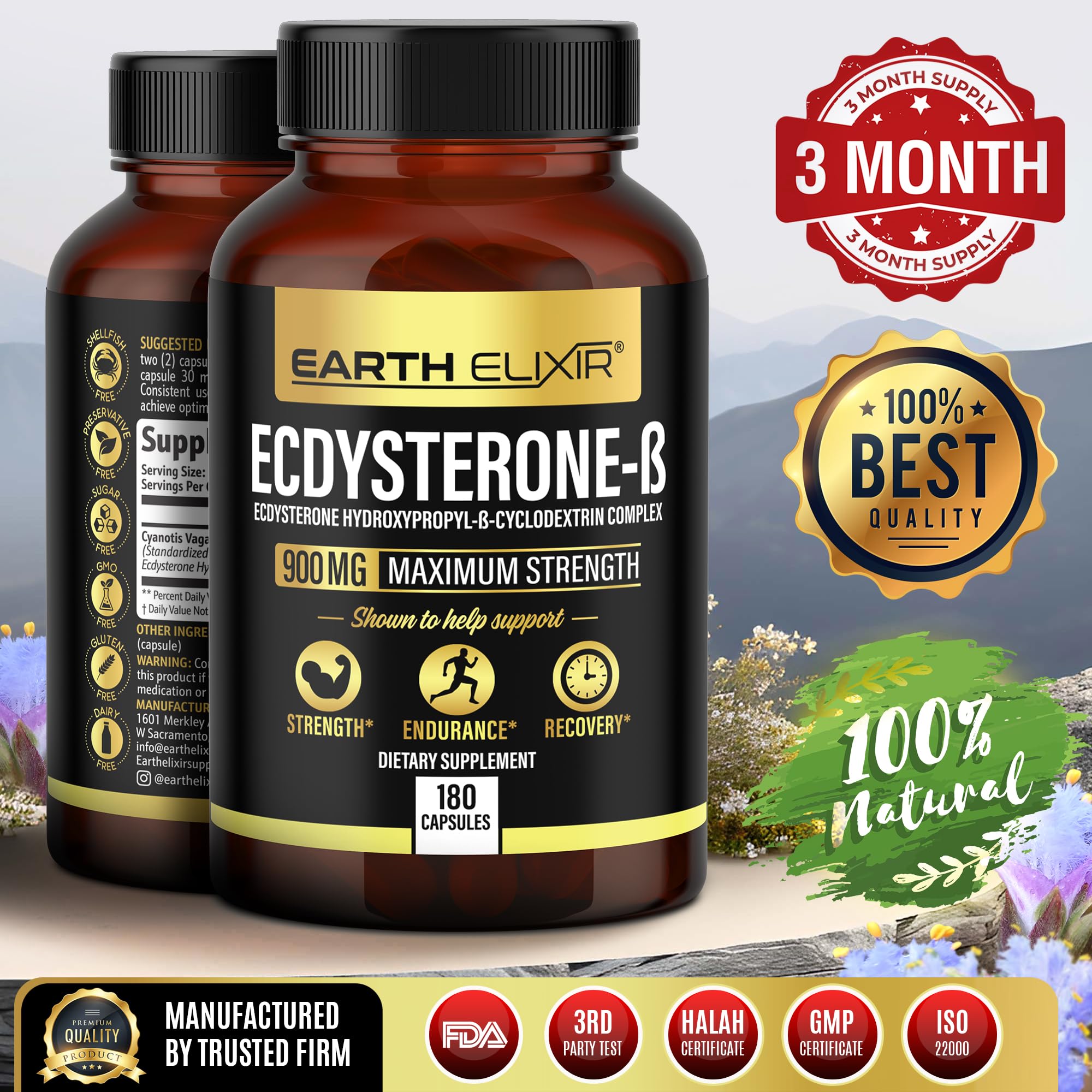 Earth Elixir Ecdysterone – etiquette du packaging indiquant l'origine et les composants.