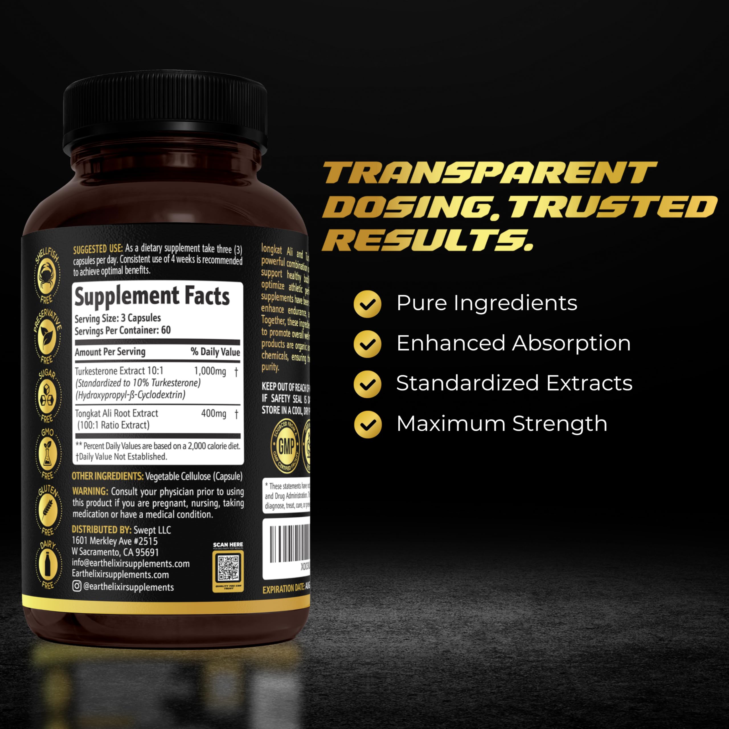 Earth Elixir Turkesterone Tongkat Ali — capsules faciles à avaler pour l’entraînement durable.
