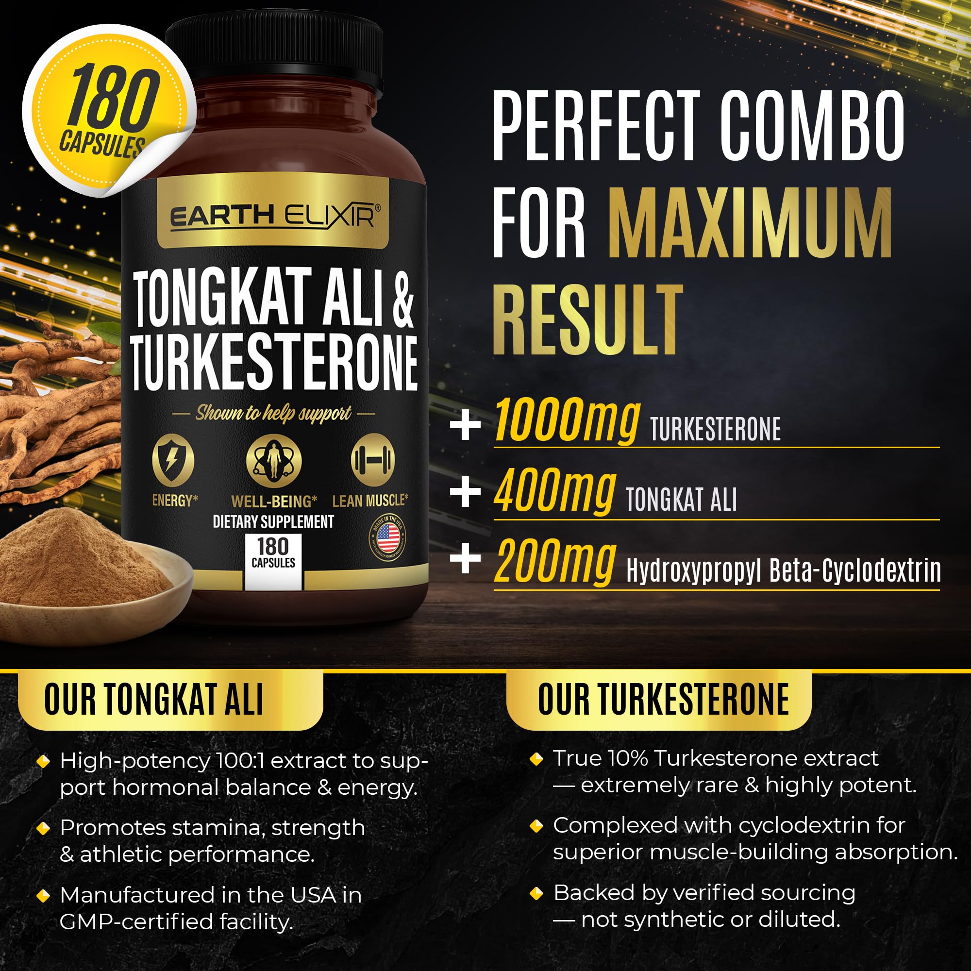 Earth Elixir Turkesterone Tongkat Ali — étiquette-produit affichant traçabilité et qualité.