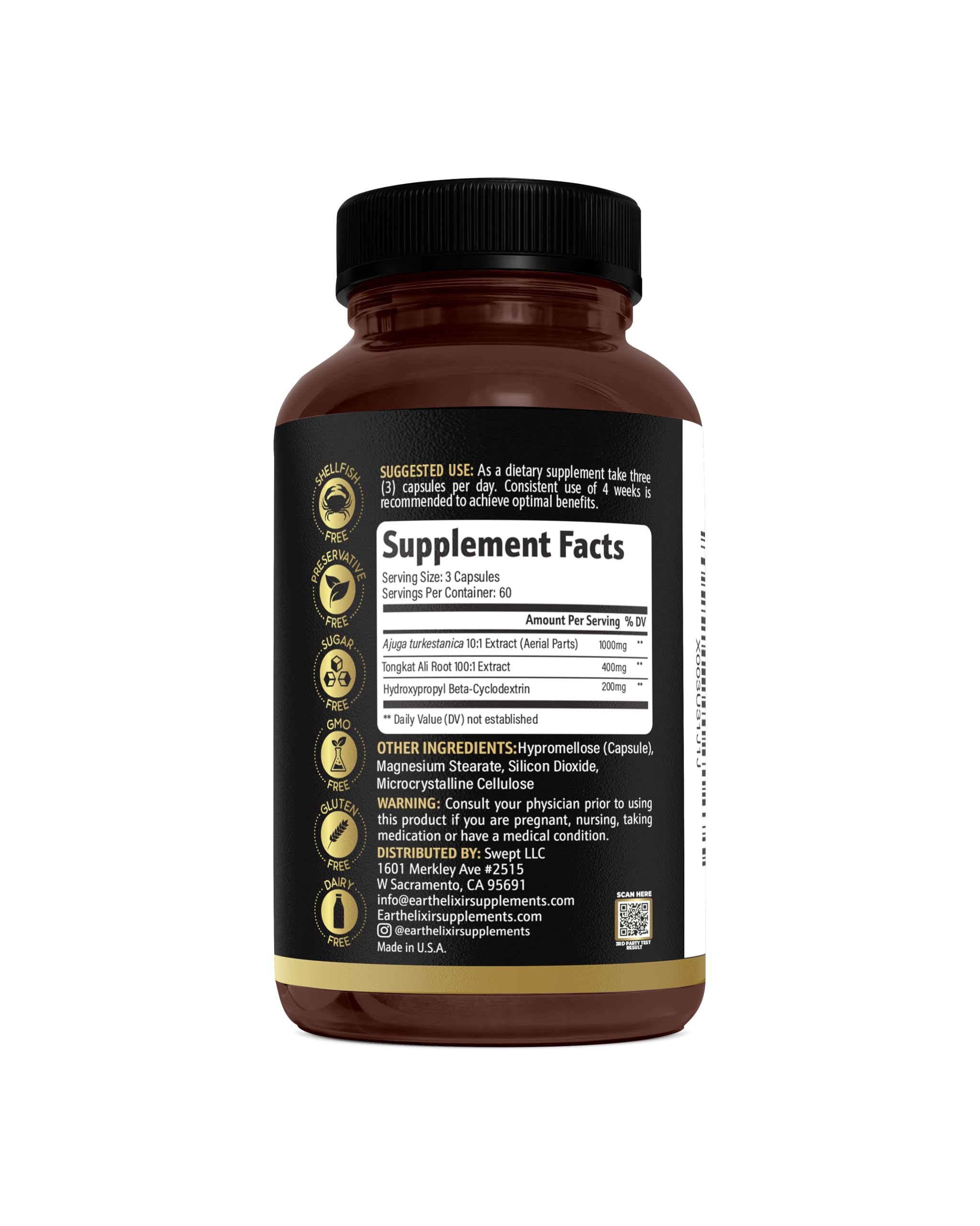 Earth Elixir Turkesterone Tongkat Ali — fabriqué aux États‑Unis avec contrôle qualité.