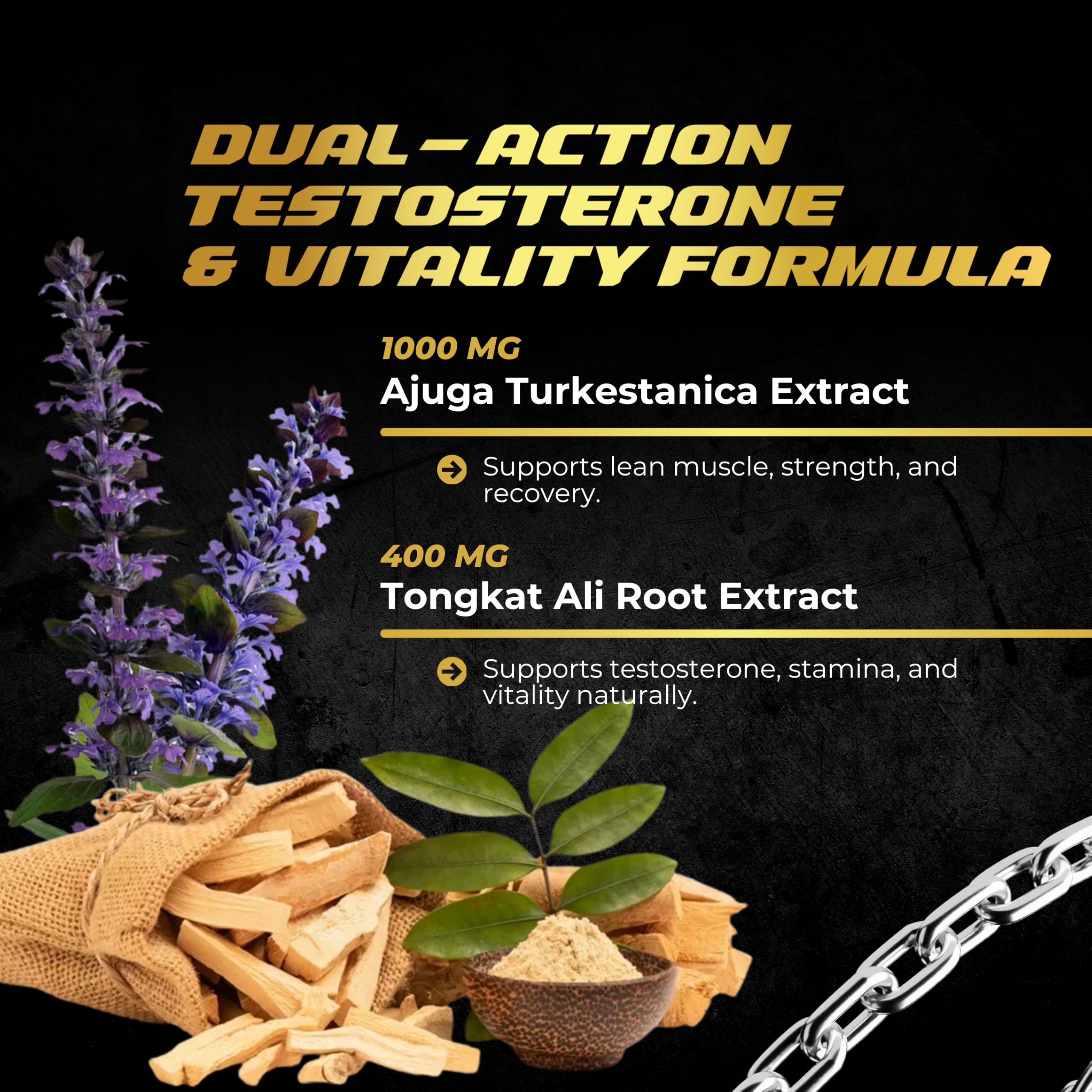 Earth Elixir Turkesterone Tongkat Ali — ingrédients en gros plan et source naturelle.