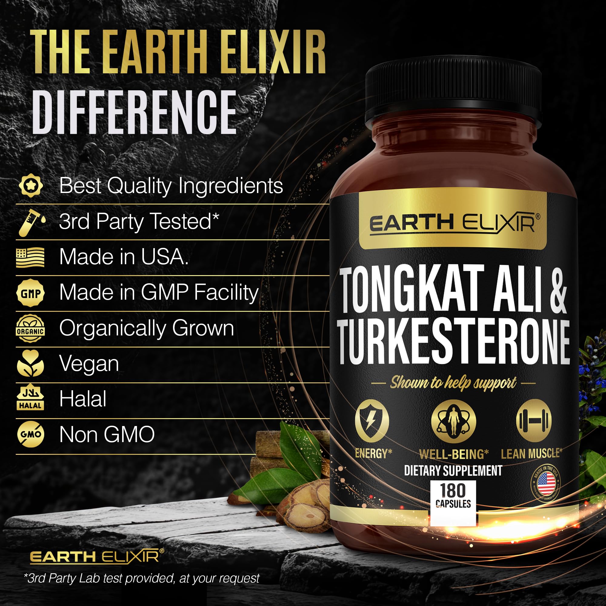 Earth Elixir Turkesterone Tongkat Ali — packaging pratique, idéal pour transport sportif.