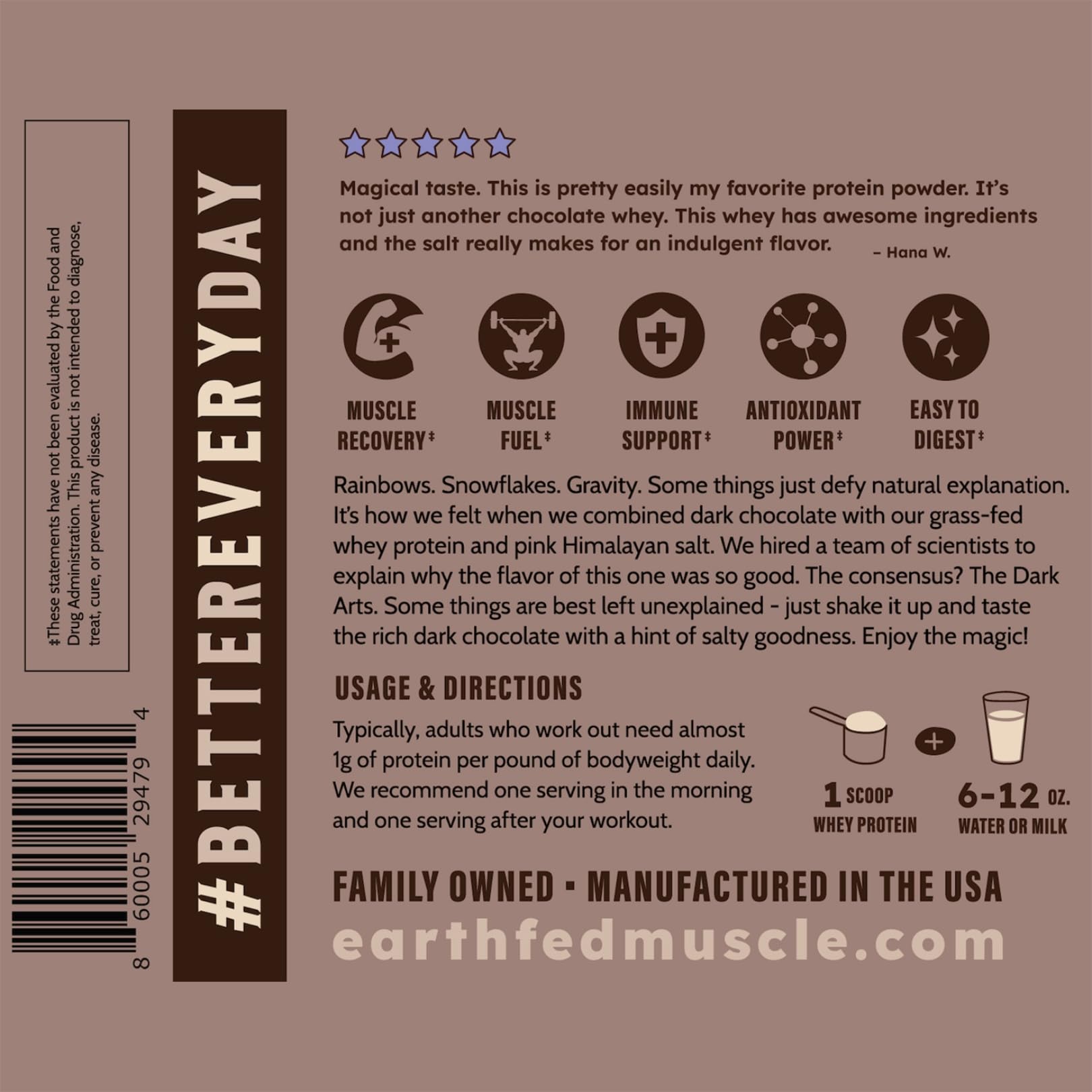 Earth Fed Muscle Dark Arts goût chocolat noir, sans sucre ajouté.