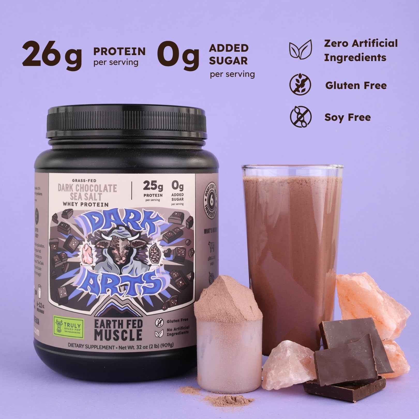 Earth Fed Muscle Dark Arts sachet proteine whey sans gluten ni soja, prêt à l'emploi.