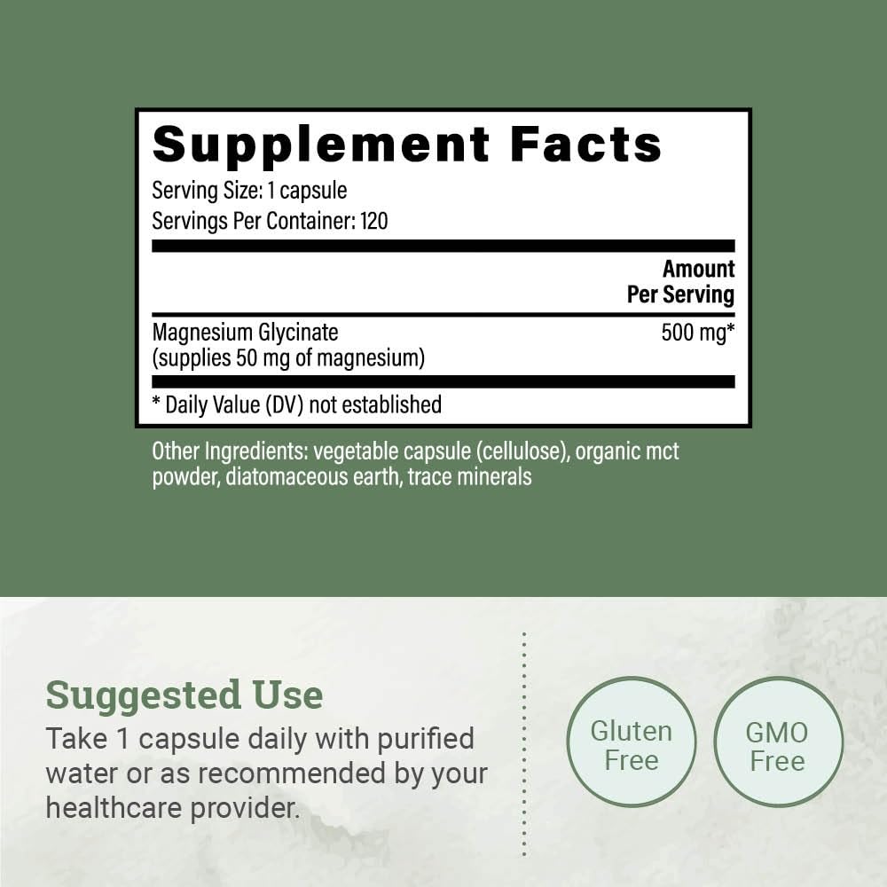 Earth Harmony Naturals bouteille Magnesium Glycinate 500 mg, capsules faciles à avaler.