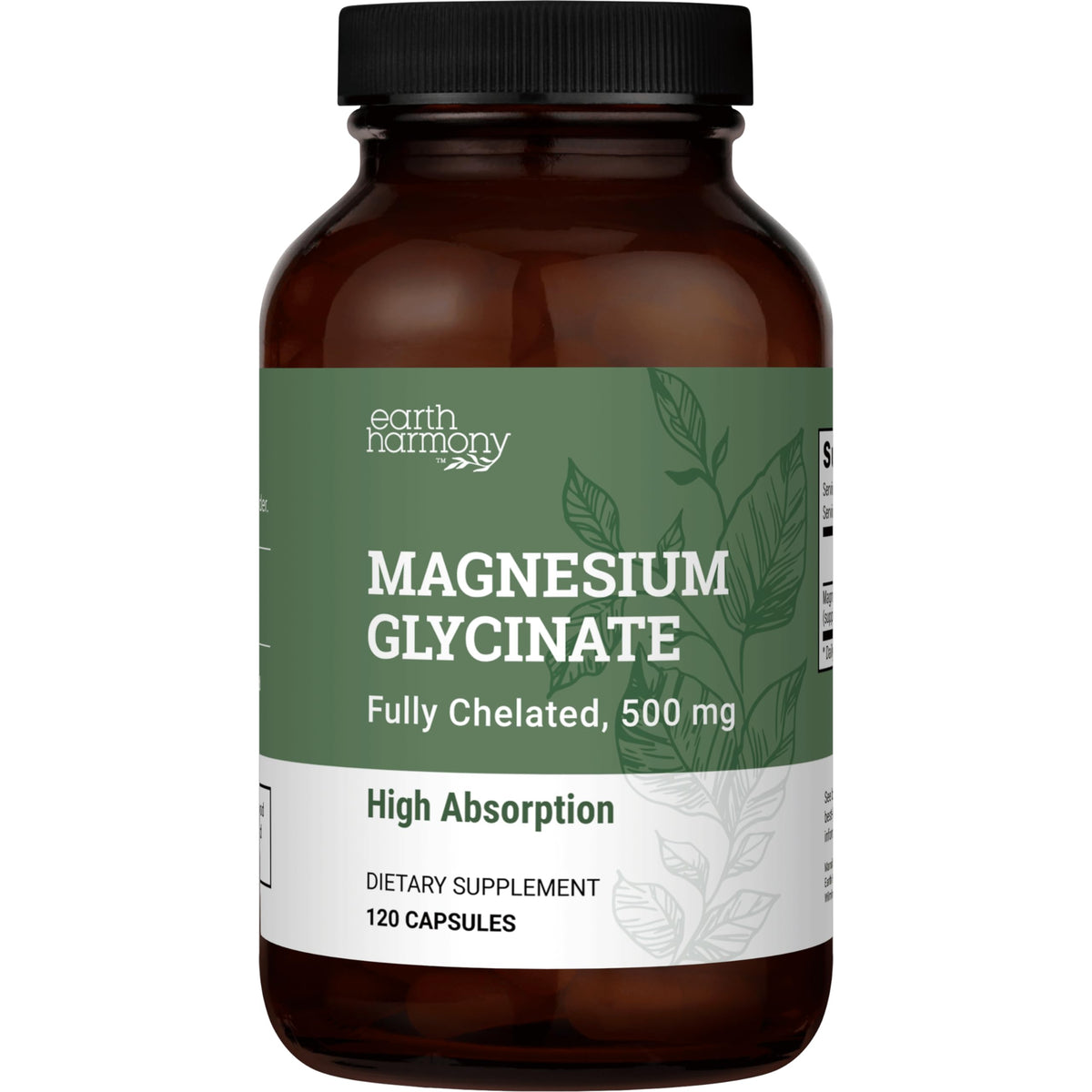 Earth Harmony Naturals Pure Magnesium Glycinate, bouteille 120 capsules, soutien potentiel du sommeil.