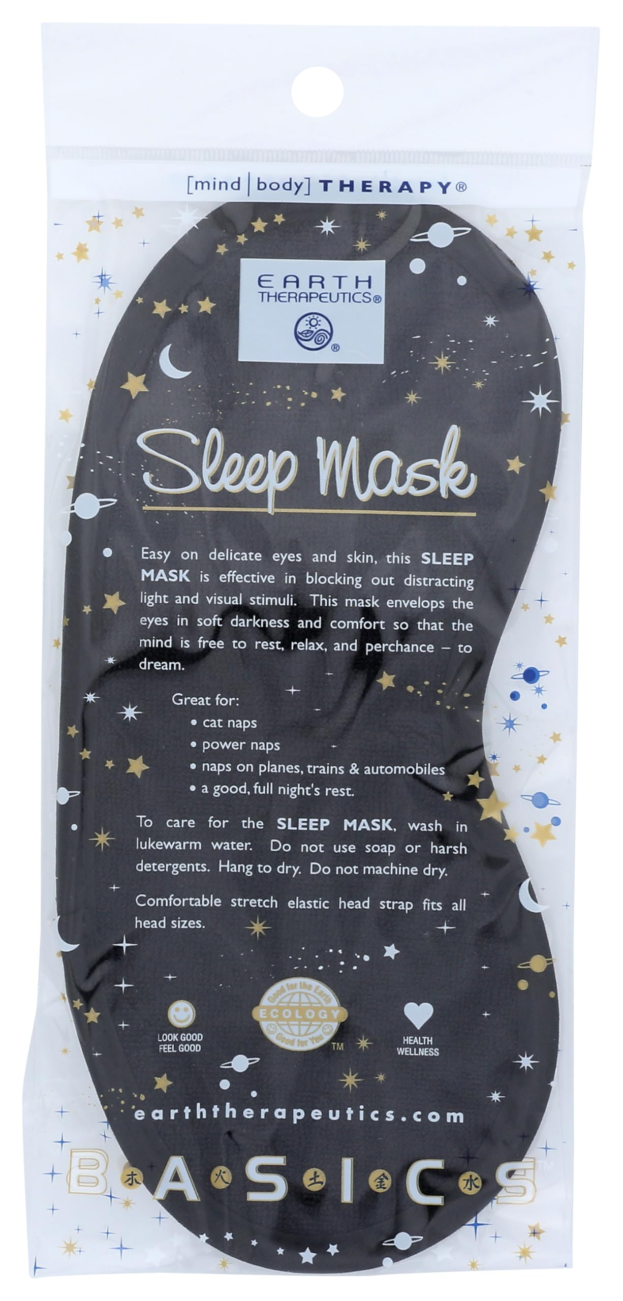 Masque de nuit noir Earth Therapeutics, vue face, bloque la lumière pour un repos paisible.