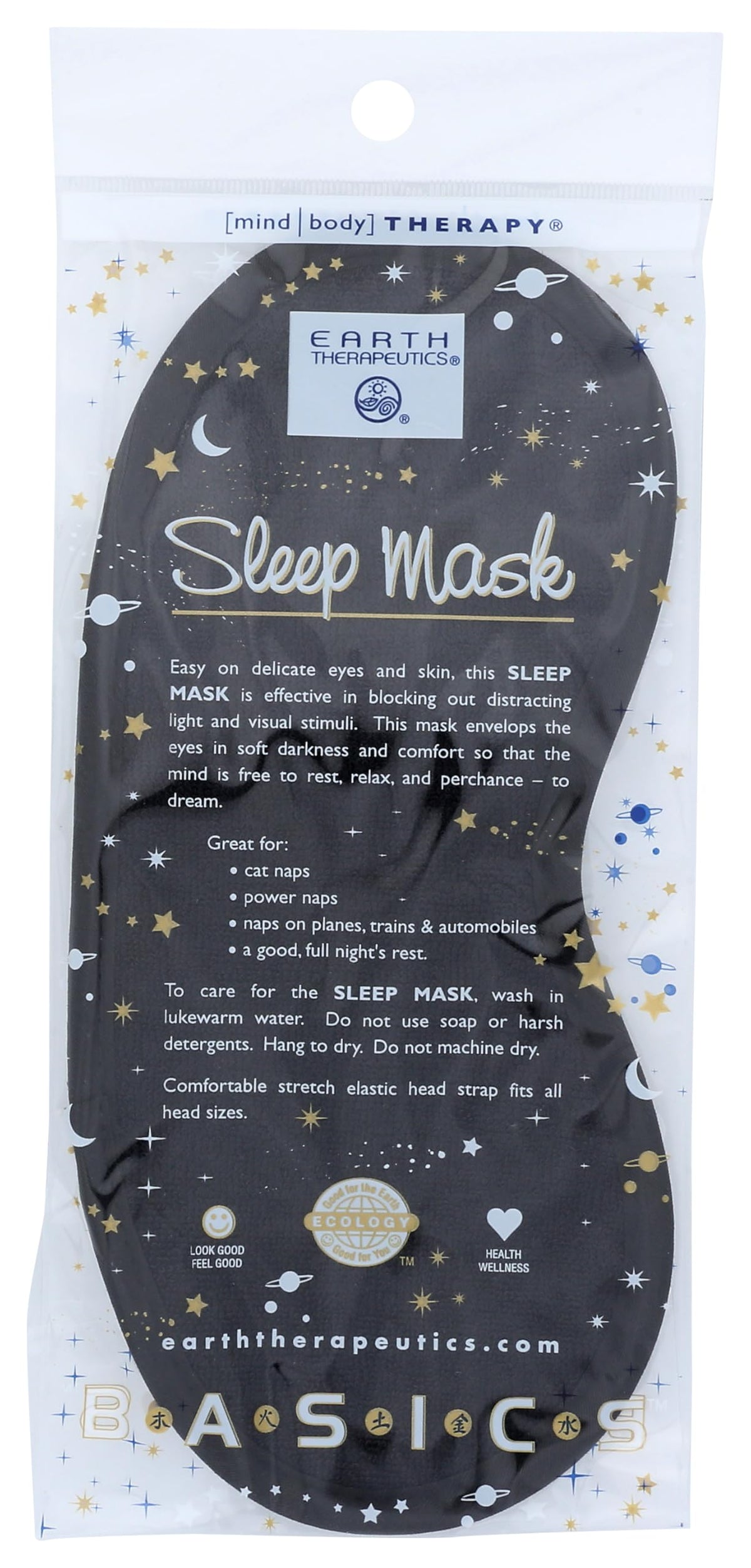 Masque de nuit noir Earth Therapeutics, vue face, bloque la lumière pour un repos paisible.