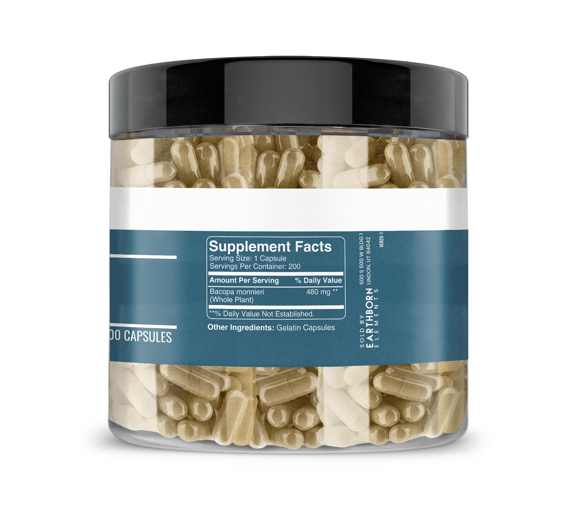 Capsules Earthborn Elements Bacopa Monnieri vues de face, pure et sans additifs.