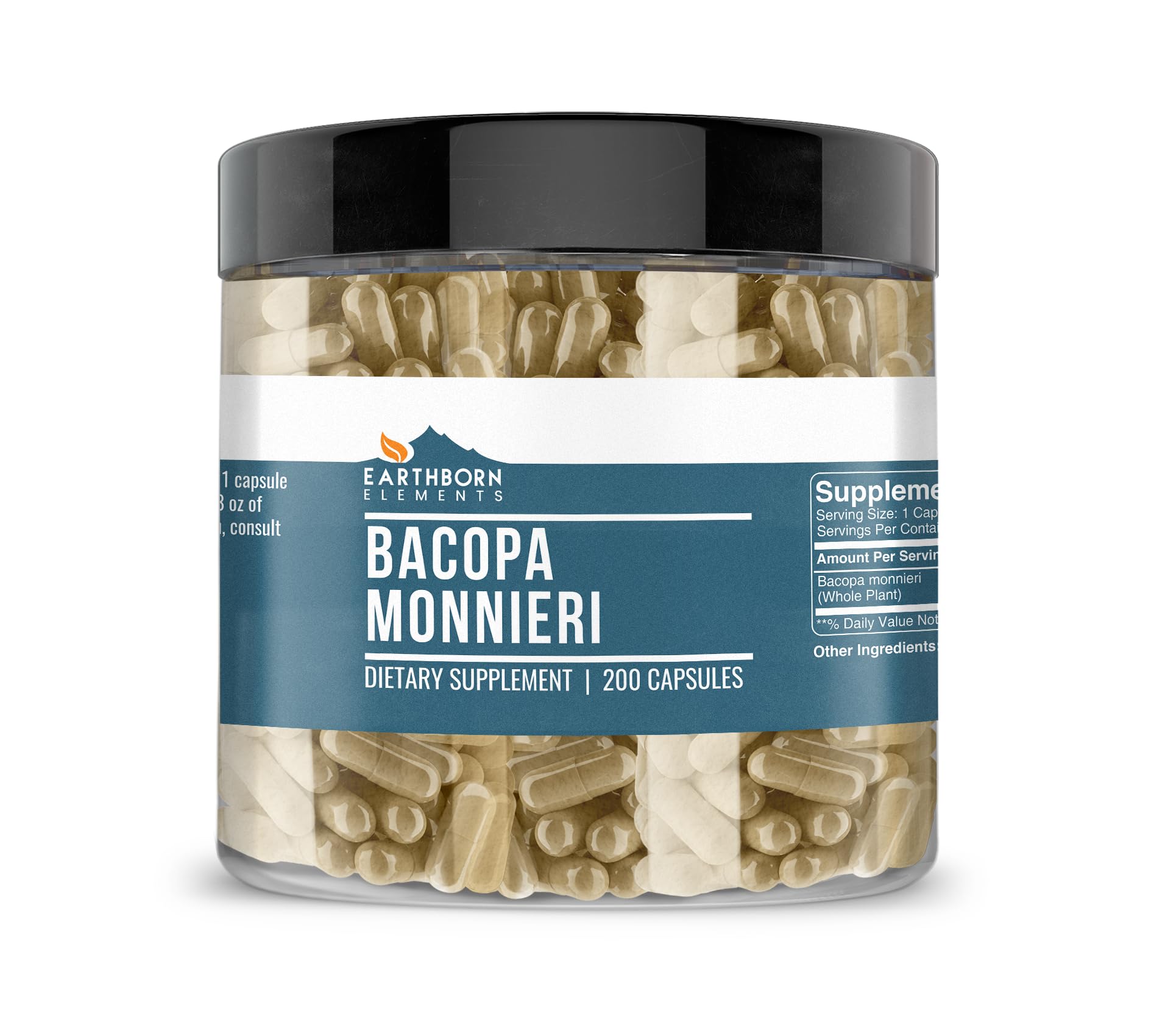 Earthborn Elements Bacopa Monnieri capsules dans une boîte, intégration facile à la routine quotidienne.
