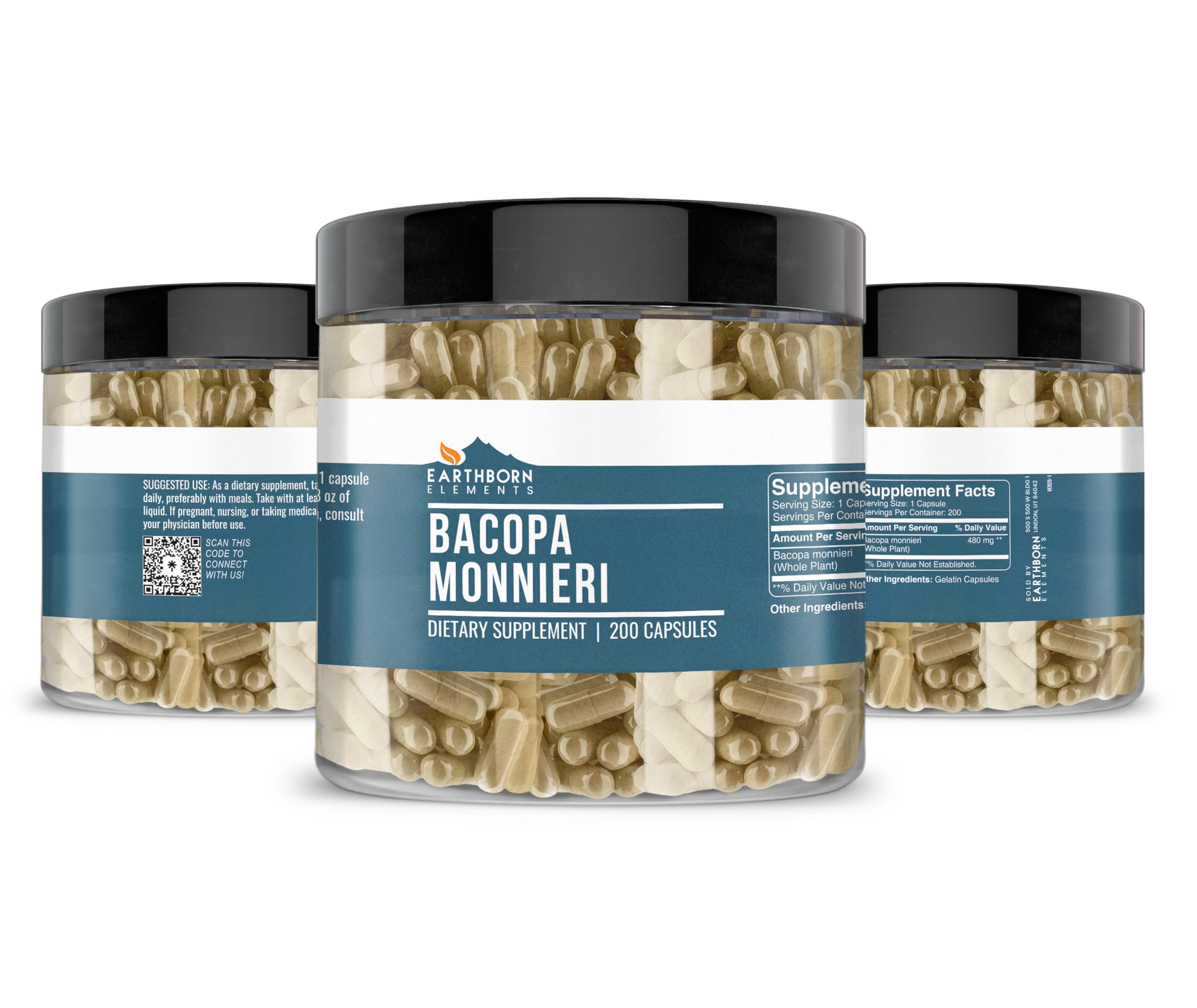 Capsules sur fond naturel, Earthborn Elements Bacopa Monnieri, pureté visible.