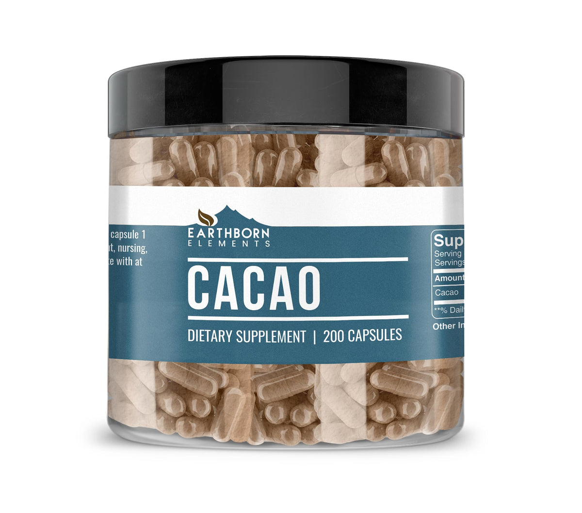 Earthborn Elements Cacao Capsules, bouteille visible, cacao pur sans additifs.