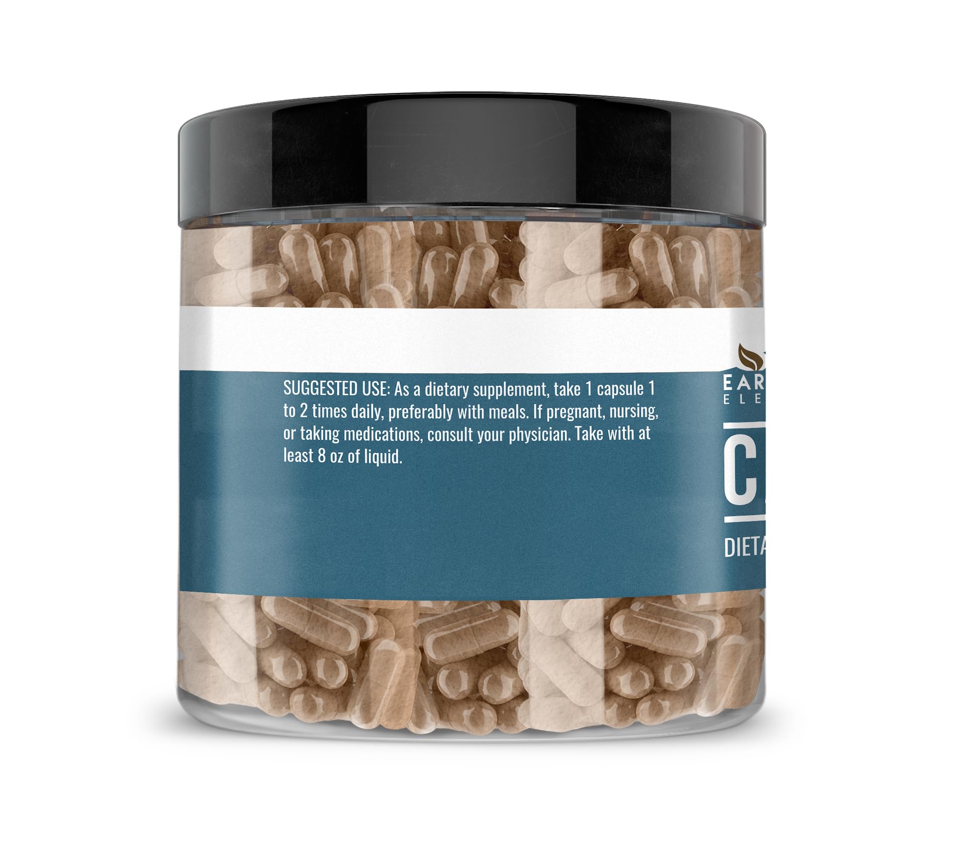 Earthborn Elements Cacao Capsules, emballage clair, présentation naturelle et pure.