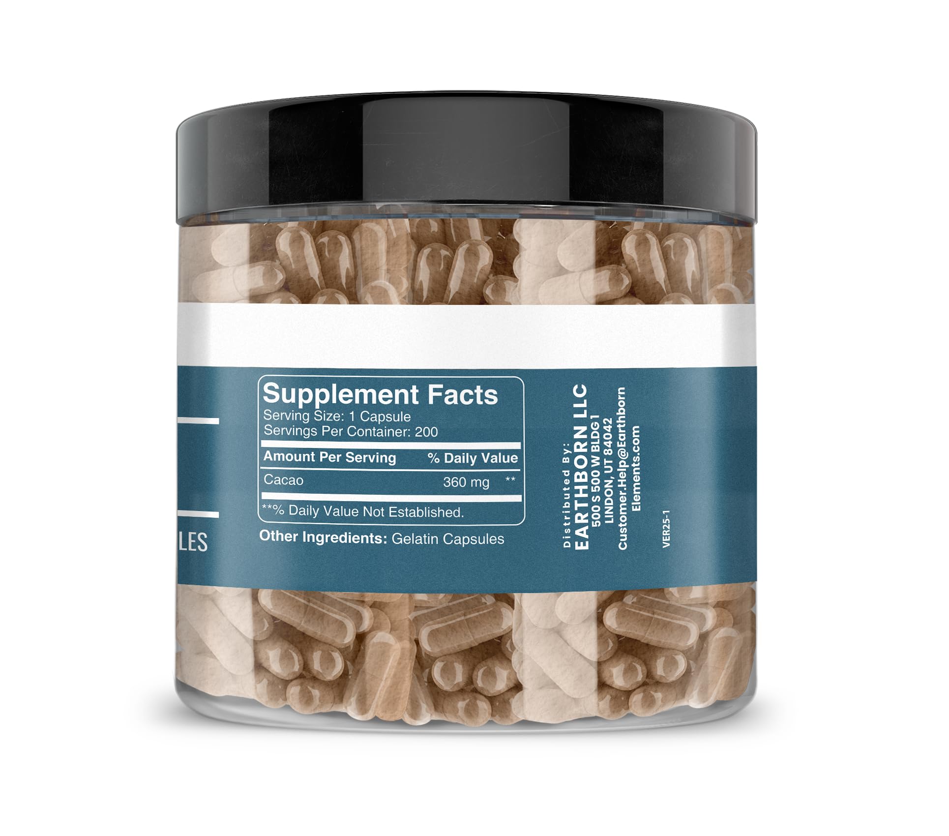 Groupe de capsules Earthborn Elements Cacao, faciles à avaler.