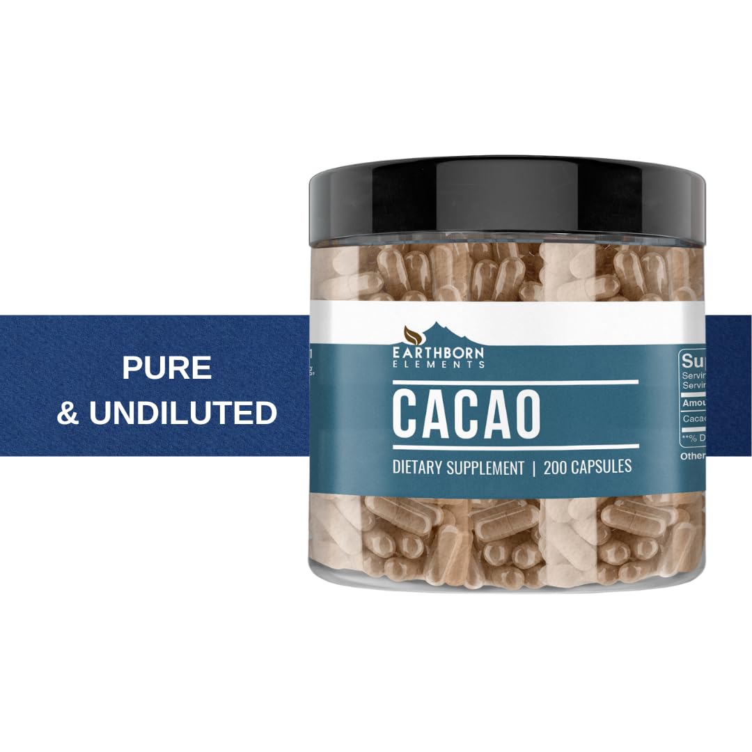 Étiquette Earthborn Elements Cacao indiquant origine Sud-Amérique et pureté.