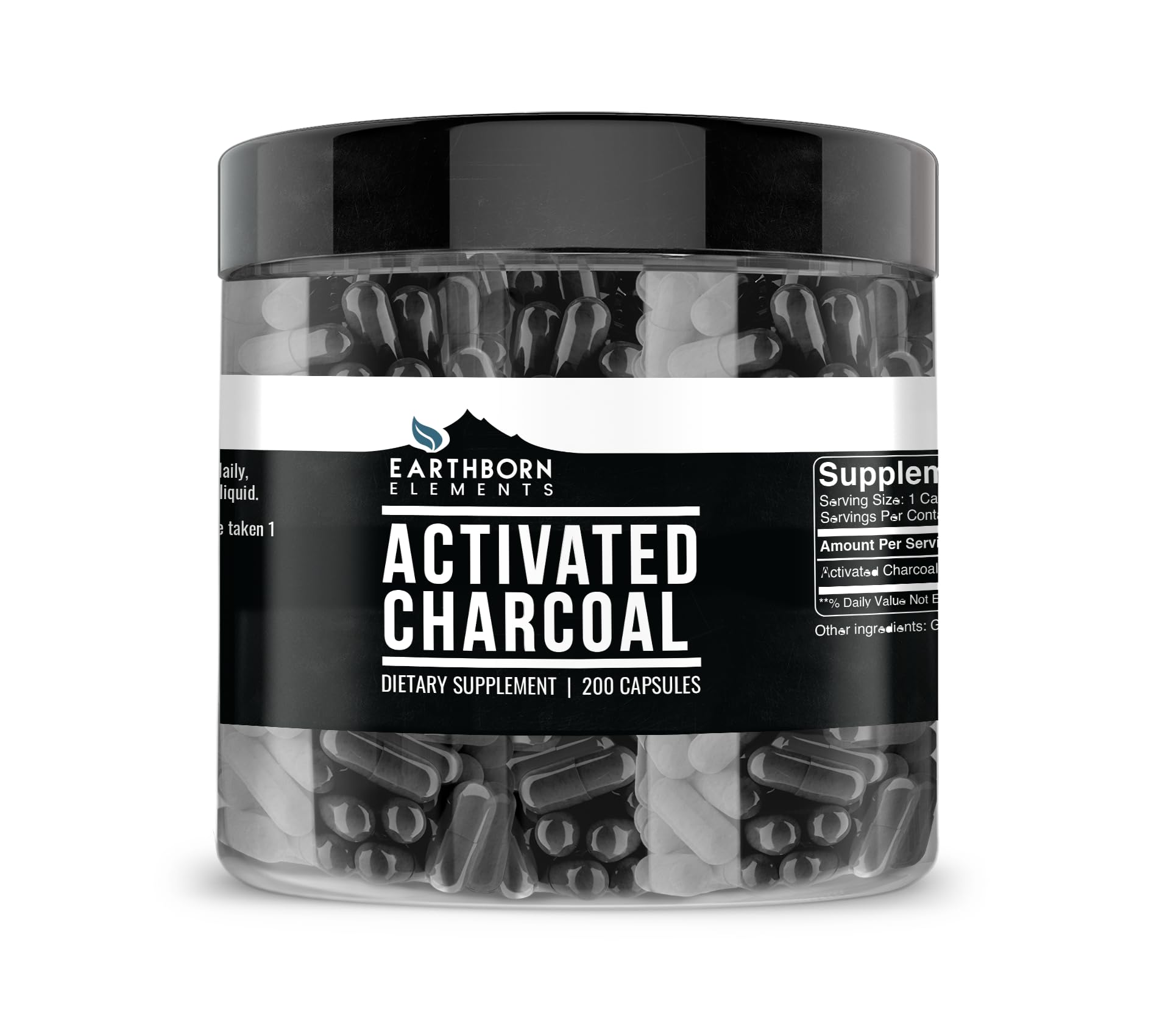 Earthborn Elements charbon actif en capsules dans une bouteille, pratique pour la routine quotidienne.