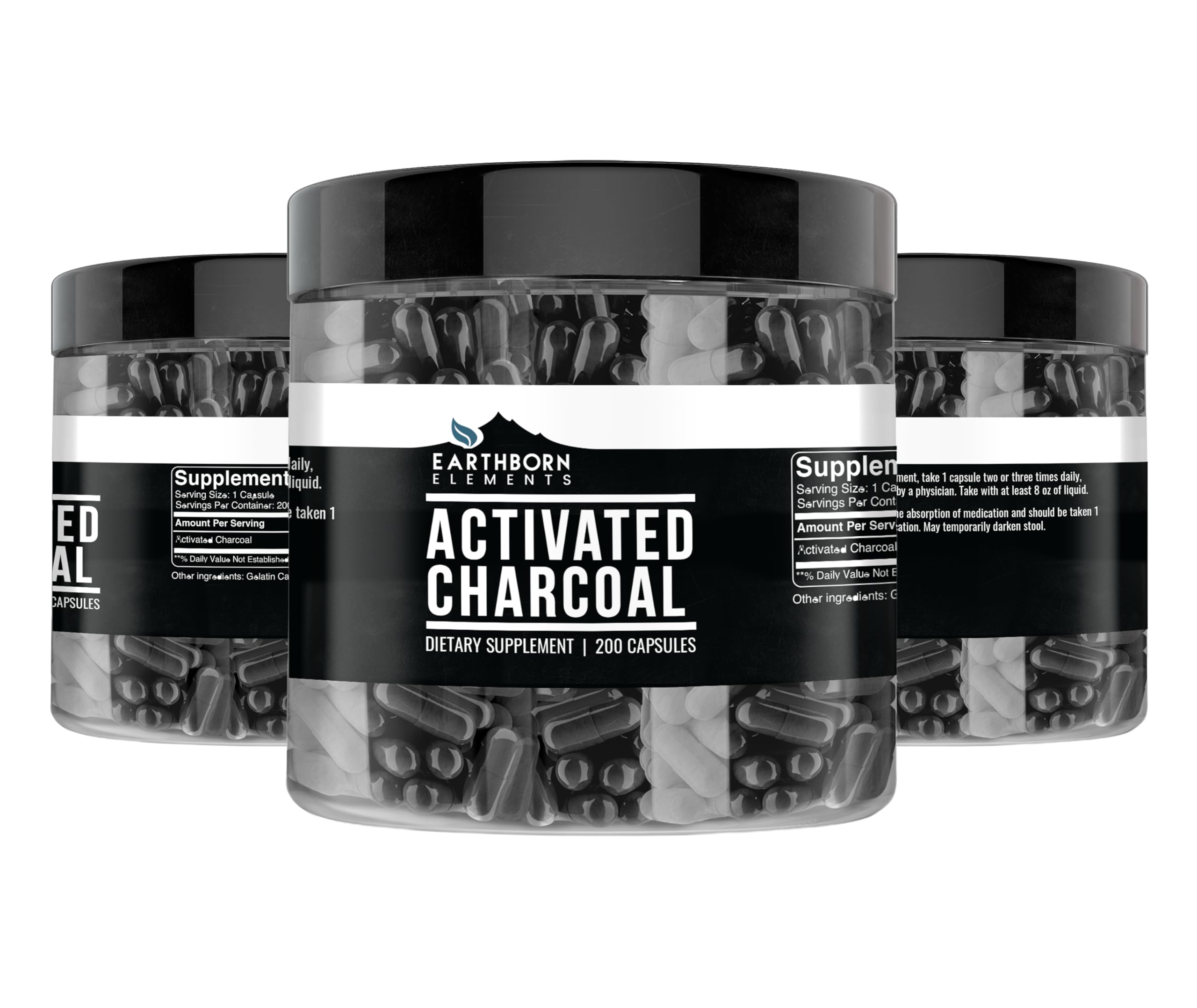 Earthborn Elements charbon actif en capsules, dosage précis et facile à suivre.
