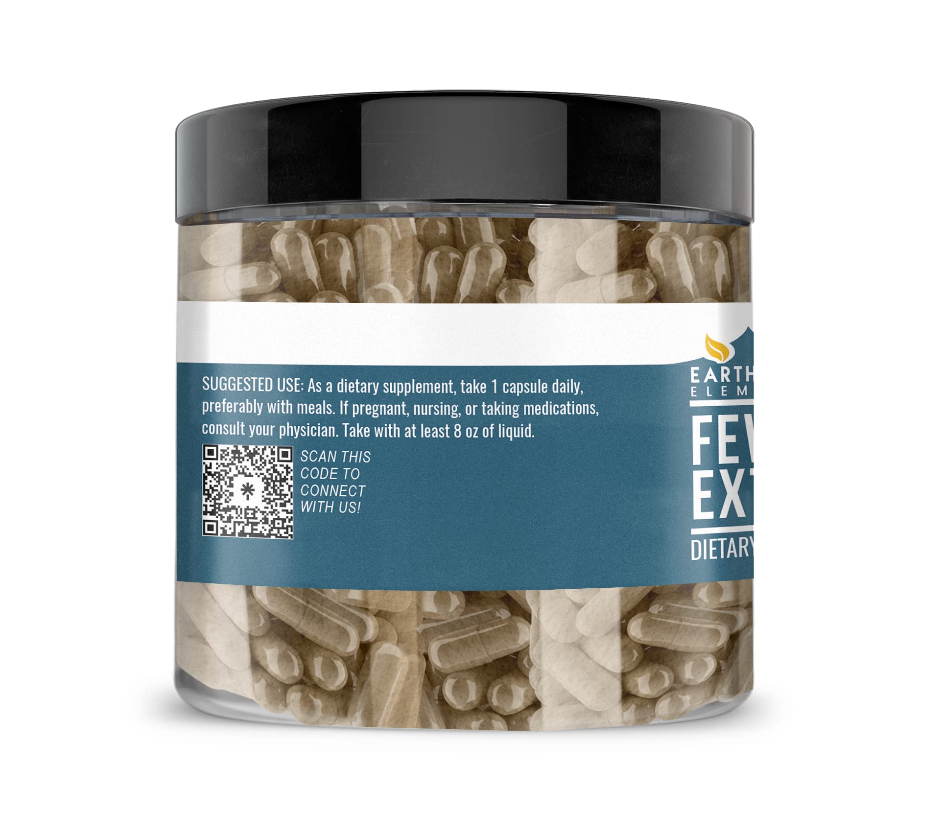 Capsules claires de Feverfew Earthborn Elements démontrant pureté sans additifs.