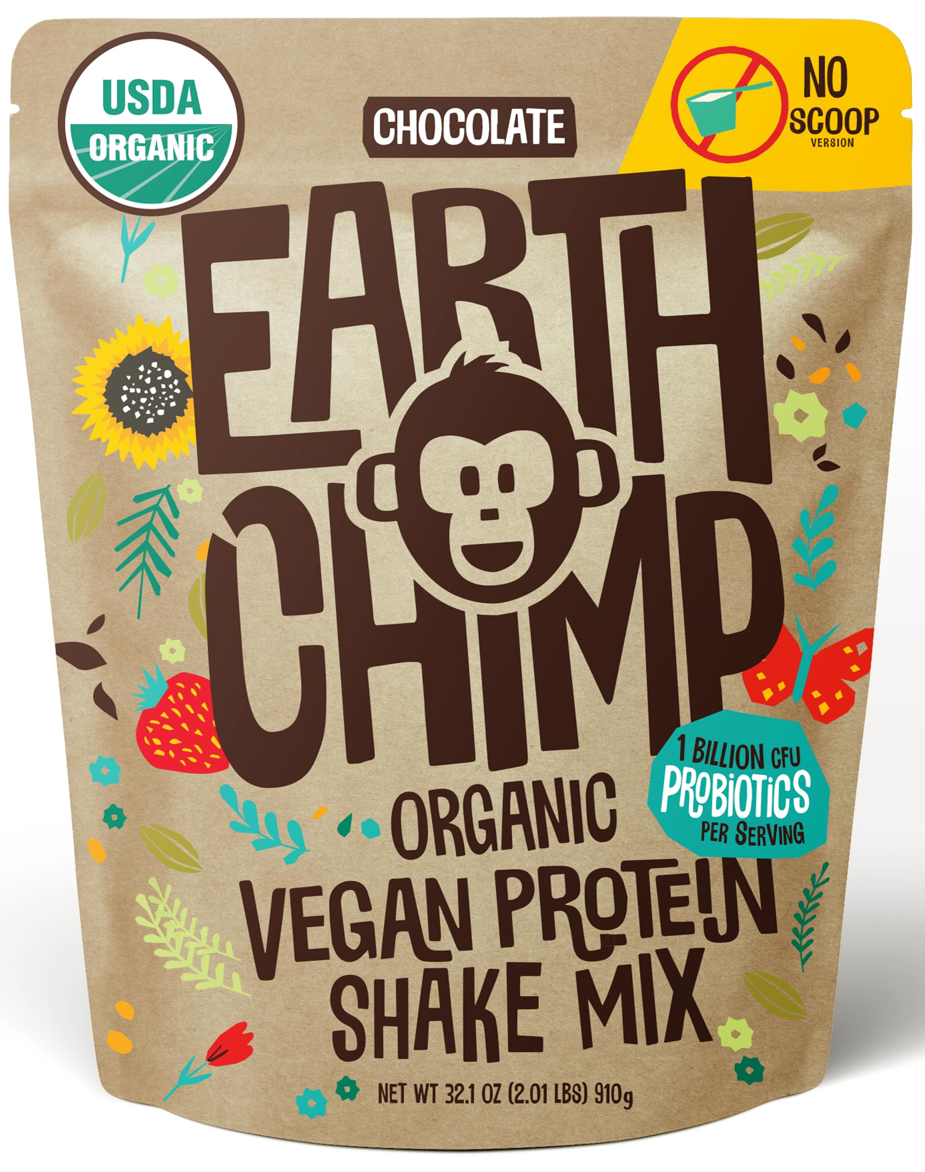 EarthChimp protéine vegan chocolat 32oz pot, arôme riche et texture lisse.