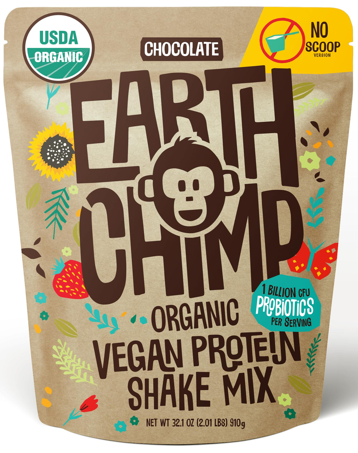 EarthChimp protéine vegan chocolat 32oz pot, arôme riche et texture lisse.