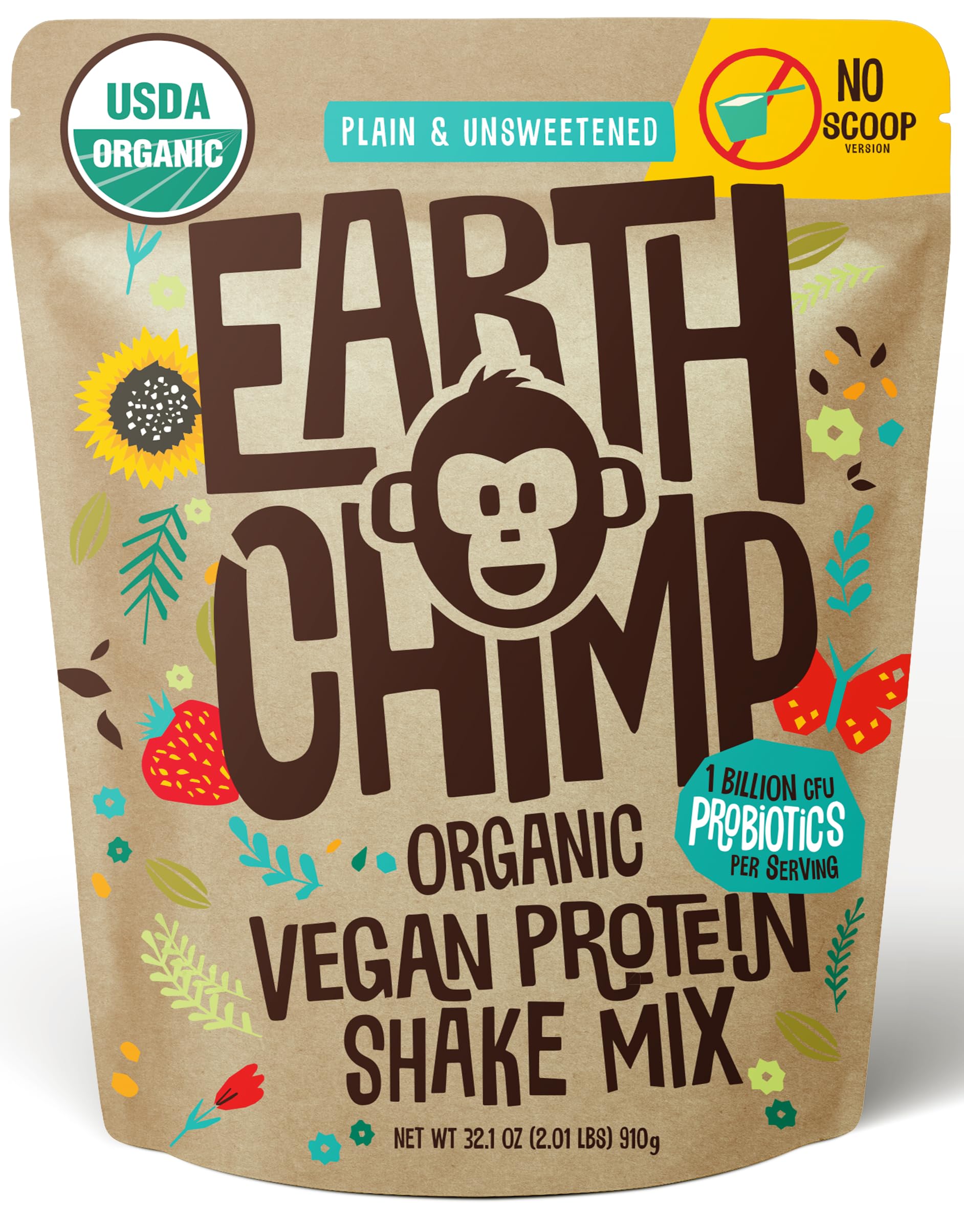 EarthChimp Protéine Végane Bio avec Probiotiques, visuel emballage, bénéfice potentiel pour le bien-être digestif.