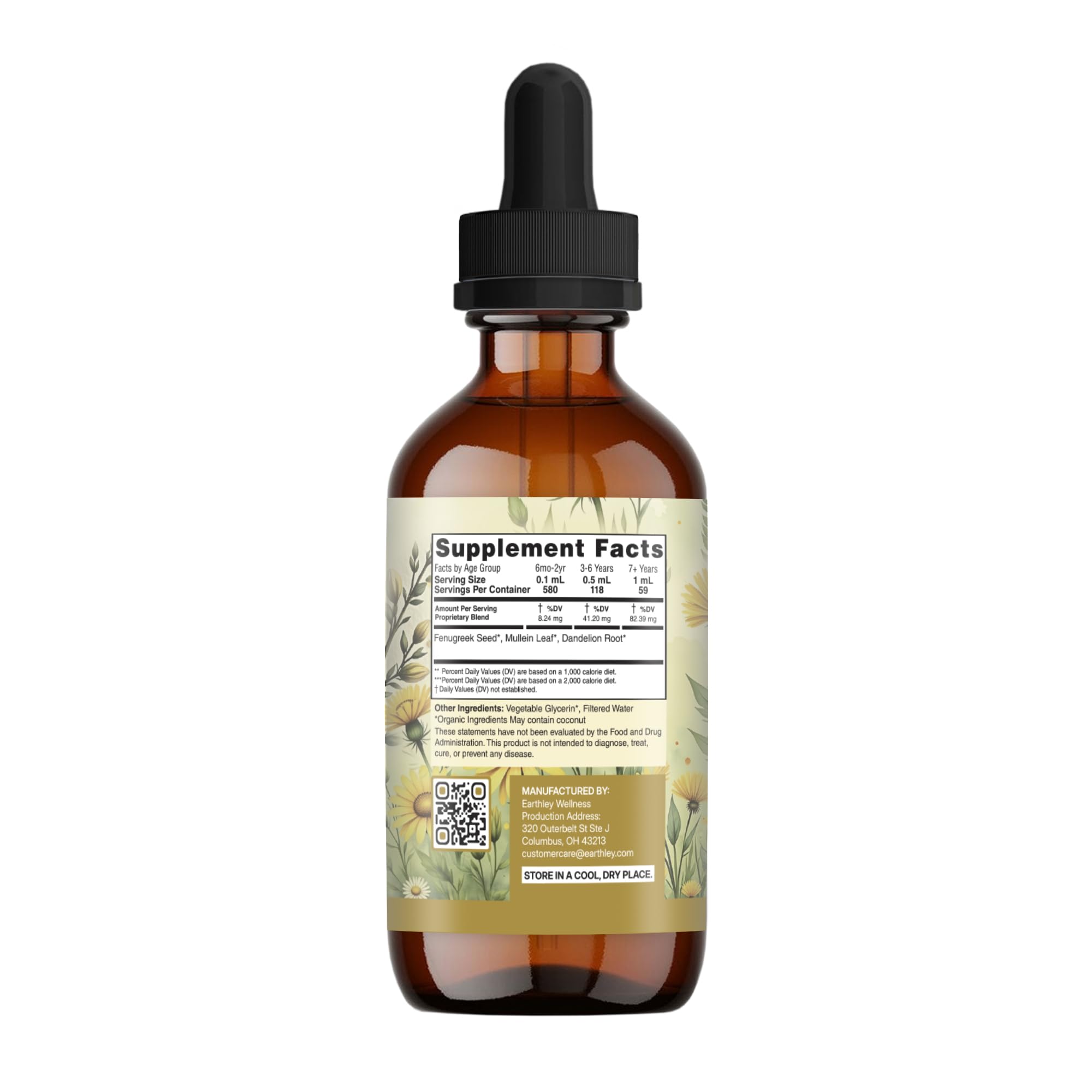 Earthley Wellness Cough-B-Gone : étiquette claire montrant ingrédients naturels.