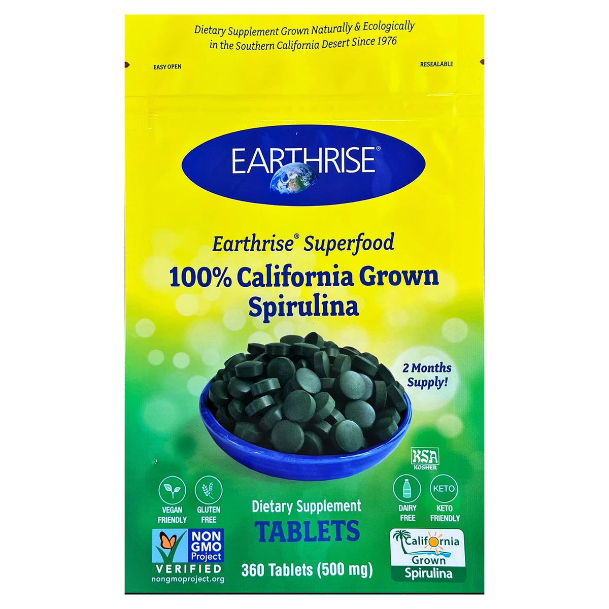 Earthrise comprimés spiruline 500 mg en boîte 360, riche en protéines et nutriments.