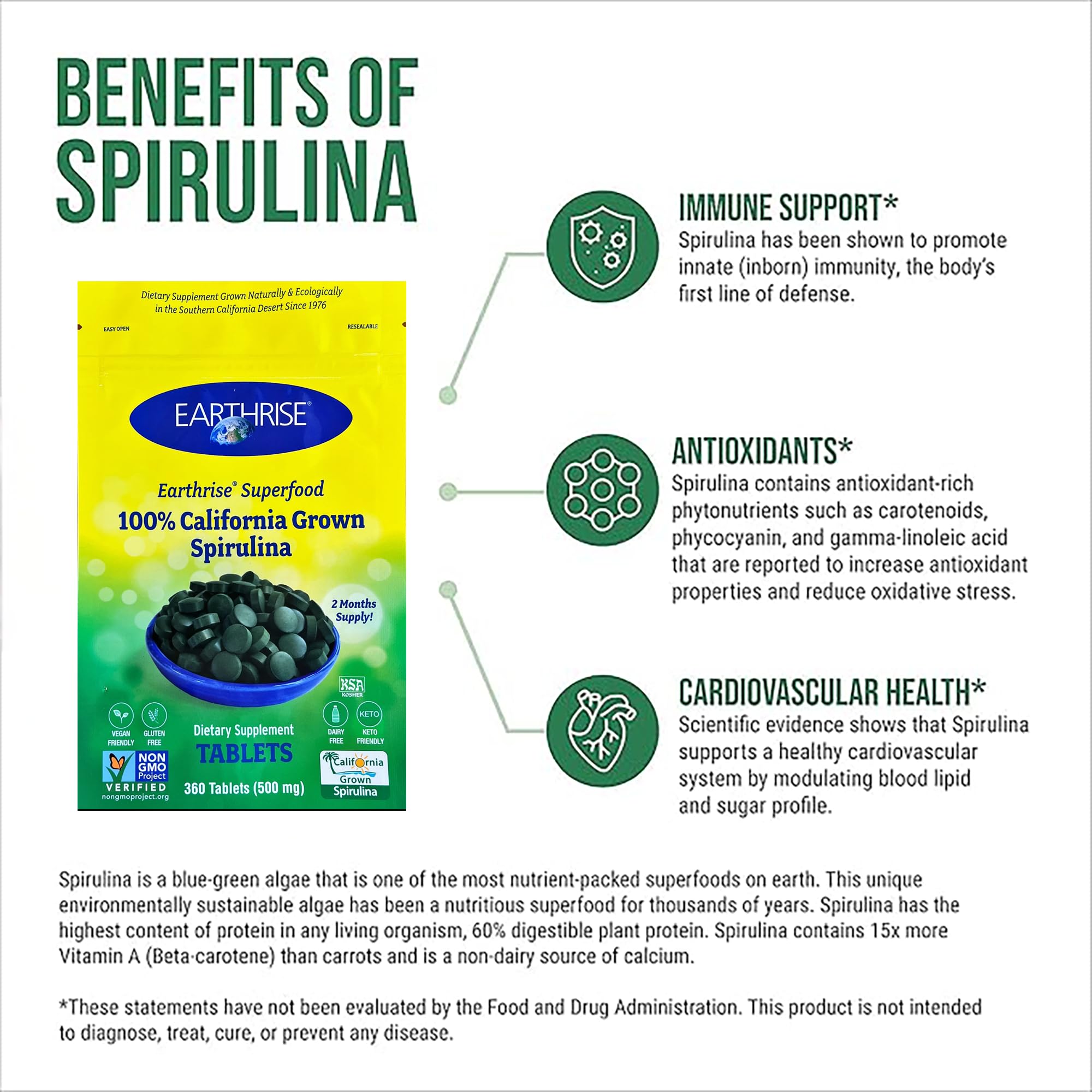 Earthrise emballage premium spiruline californie, emballage clair et pratique.