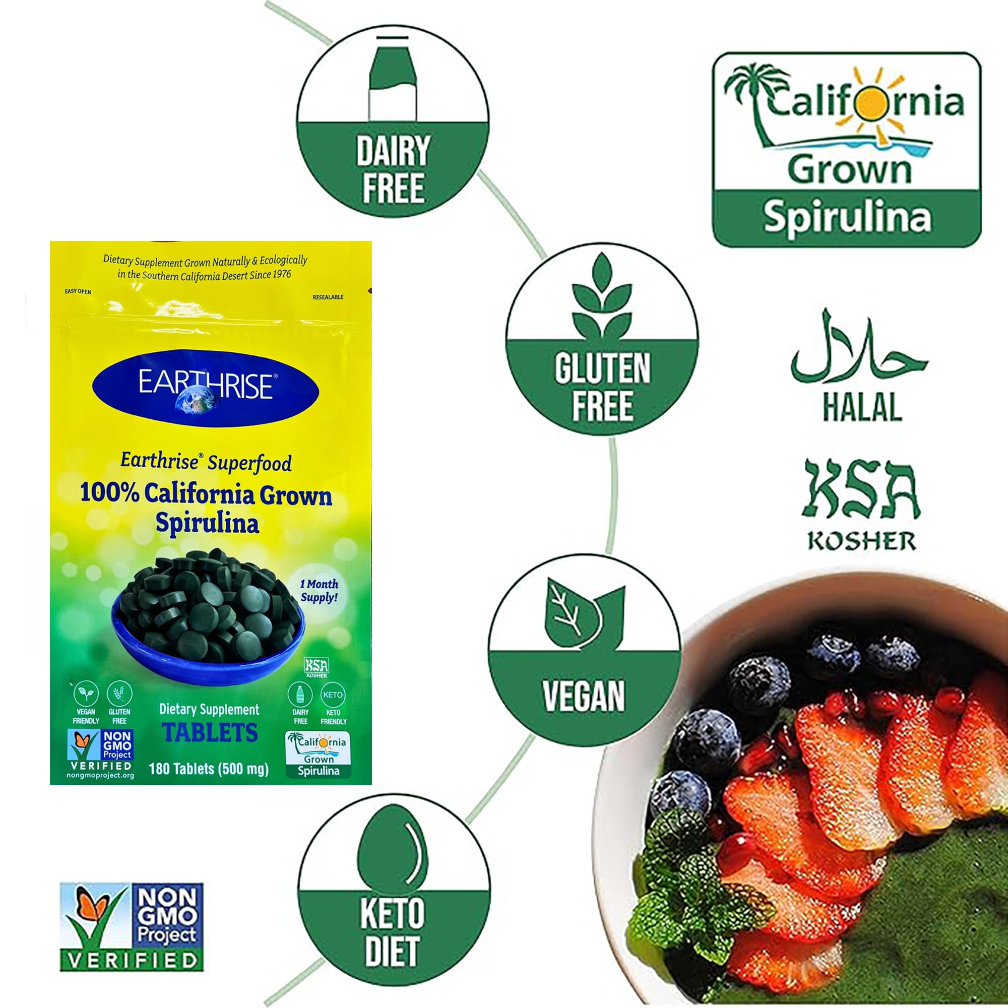 Étiquette Earthrise vegan et sans gluten sur l’emballage.