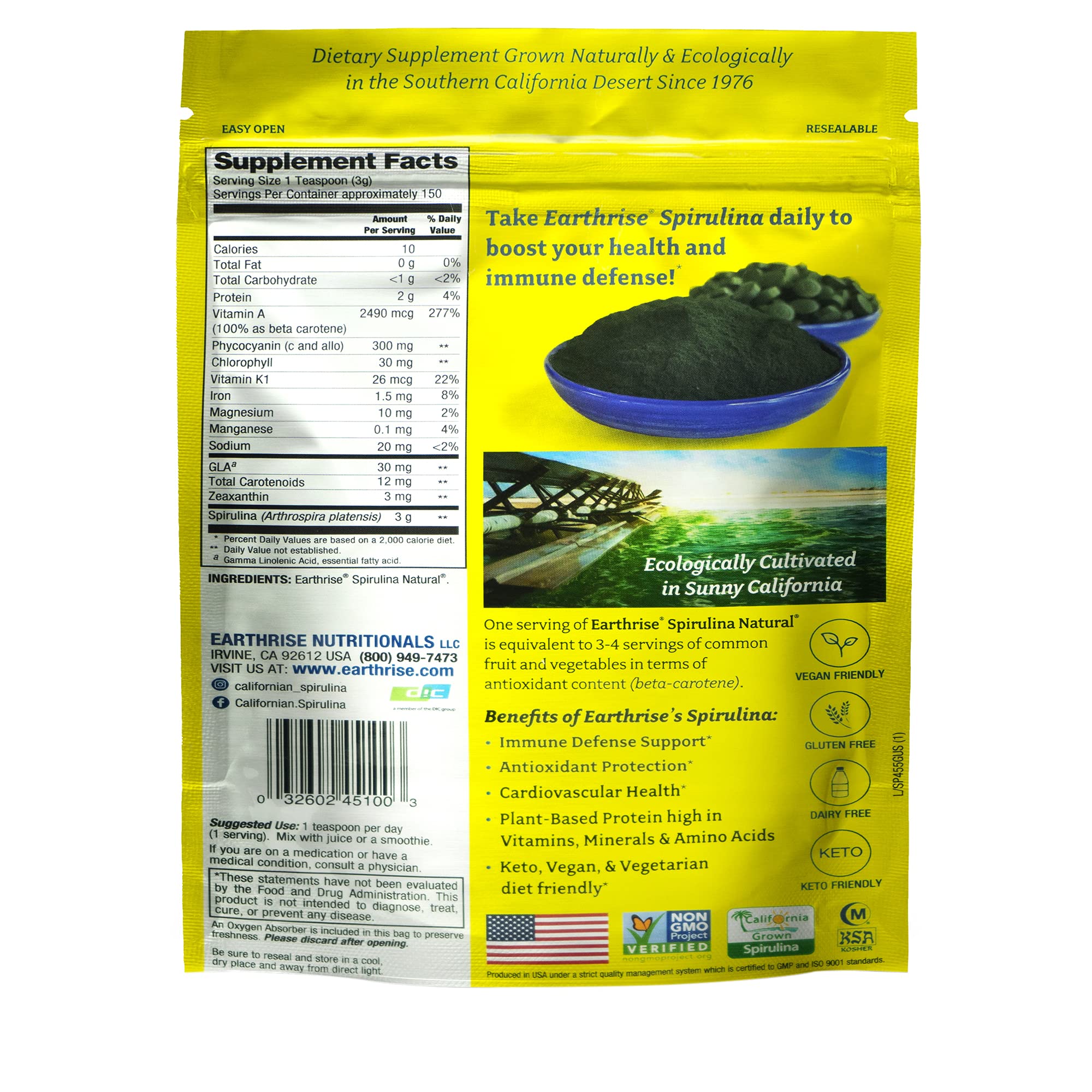 Earthrise spiruline naturelle dans un bocal ouvert, couleur verte