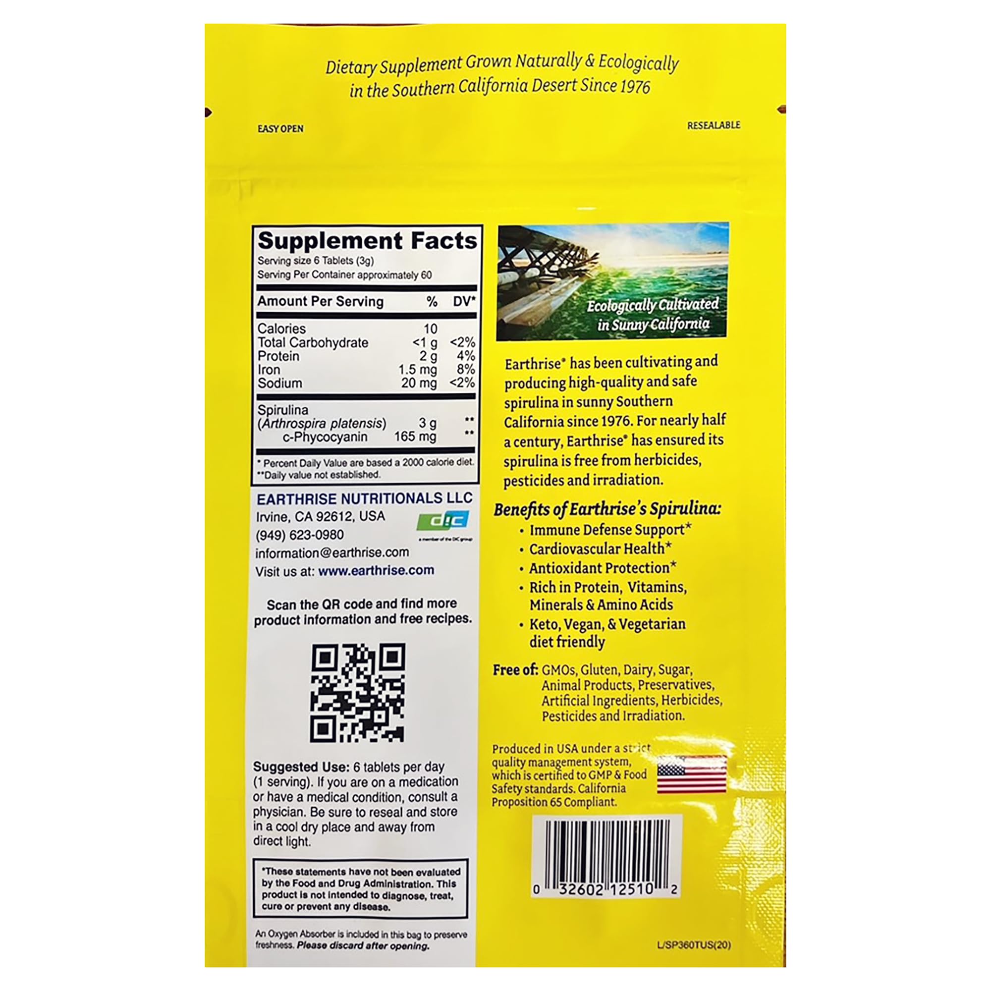 Earthrise tablettes spiruline californie 500 mg, source naturelle de vitamines et minéraux.