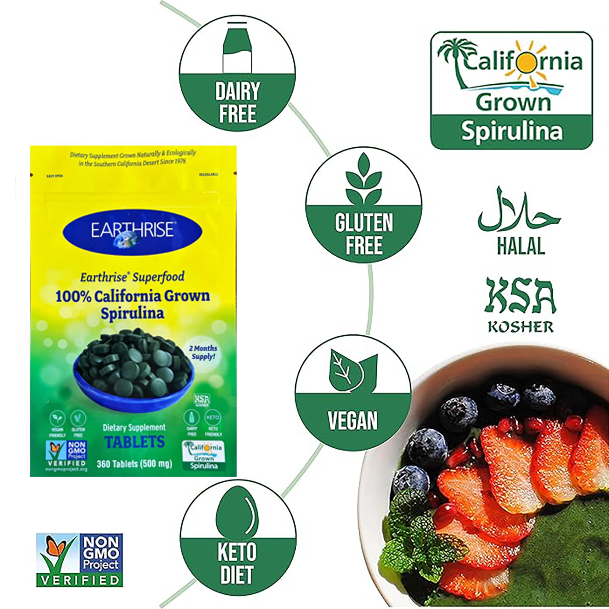 Earthrise tablettes végan sans gluten spiruline, adaptées aux régimes spéciaux.