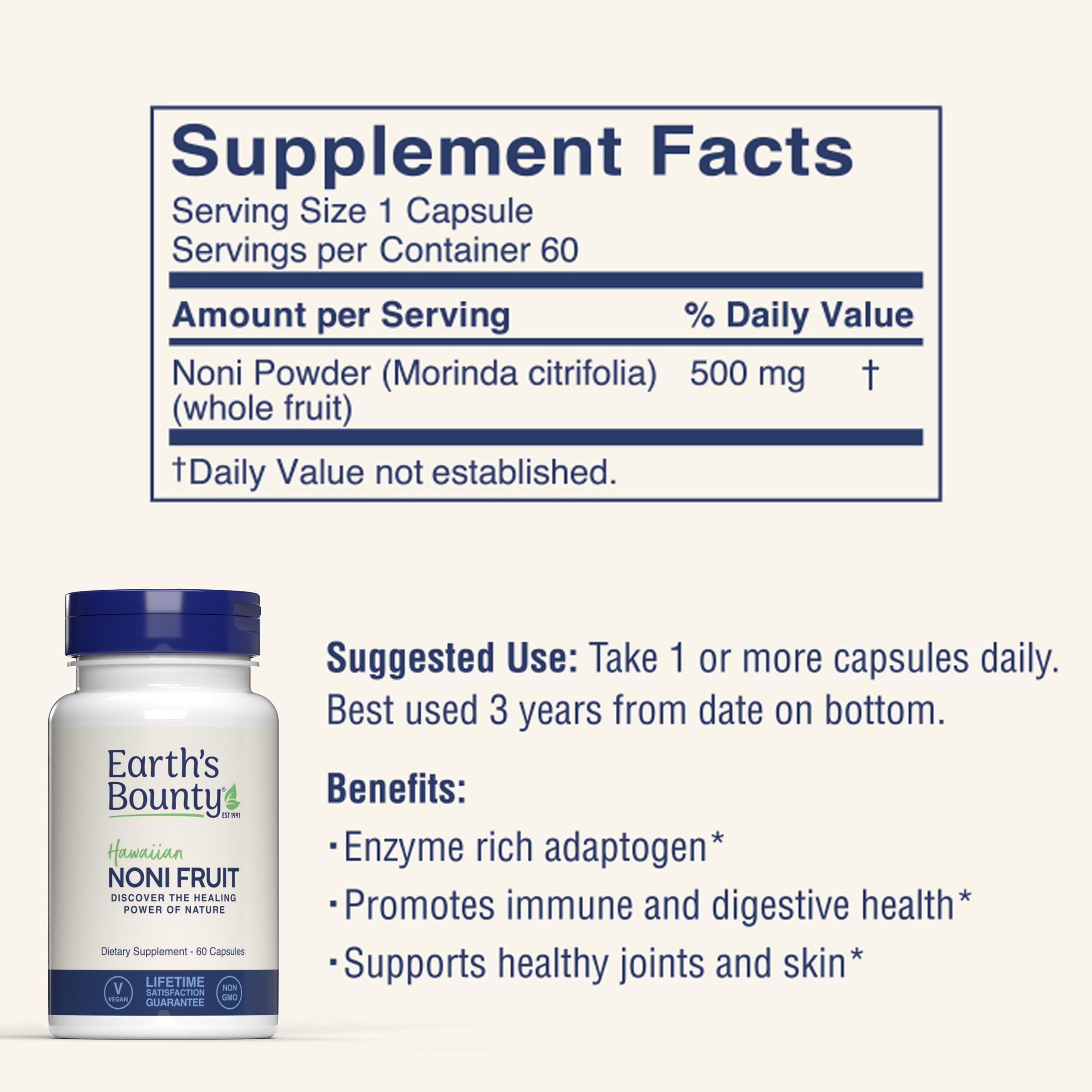 Capsules Noni Earth’s Bounty, gros plan sur texture et couleur naturelle.