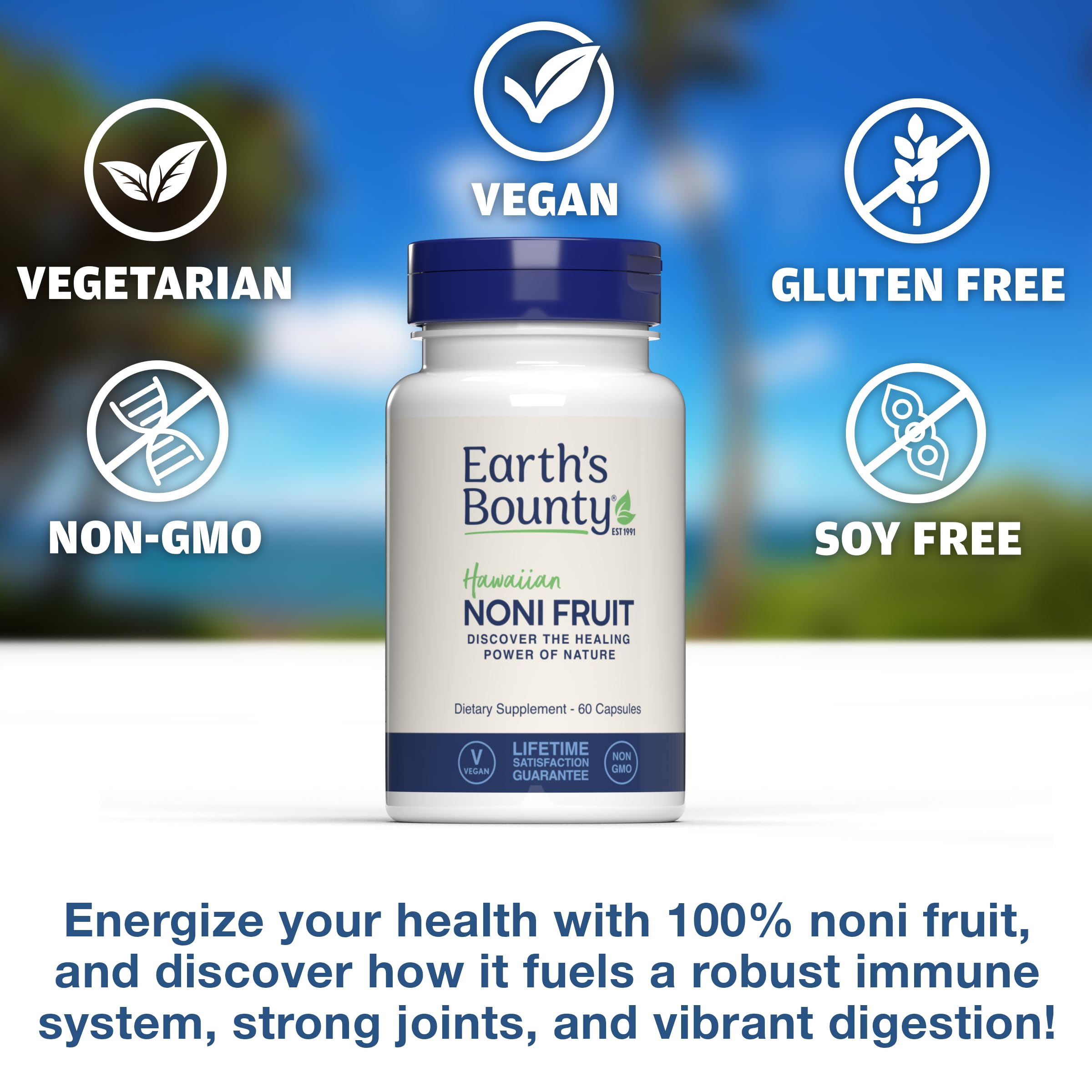 Earth's Bounty Noni, emballage recyclable et capsules faciles à ouvrir pour le quotidien.