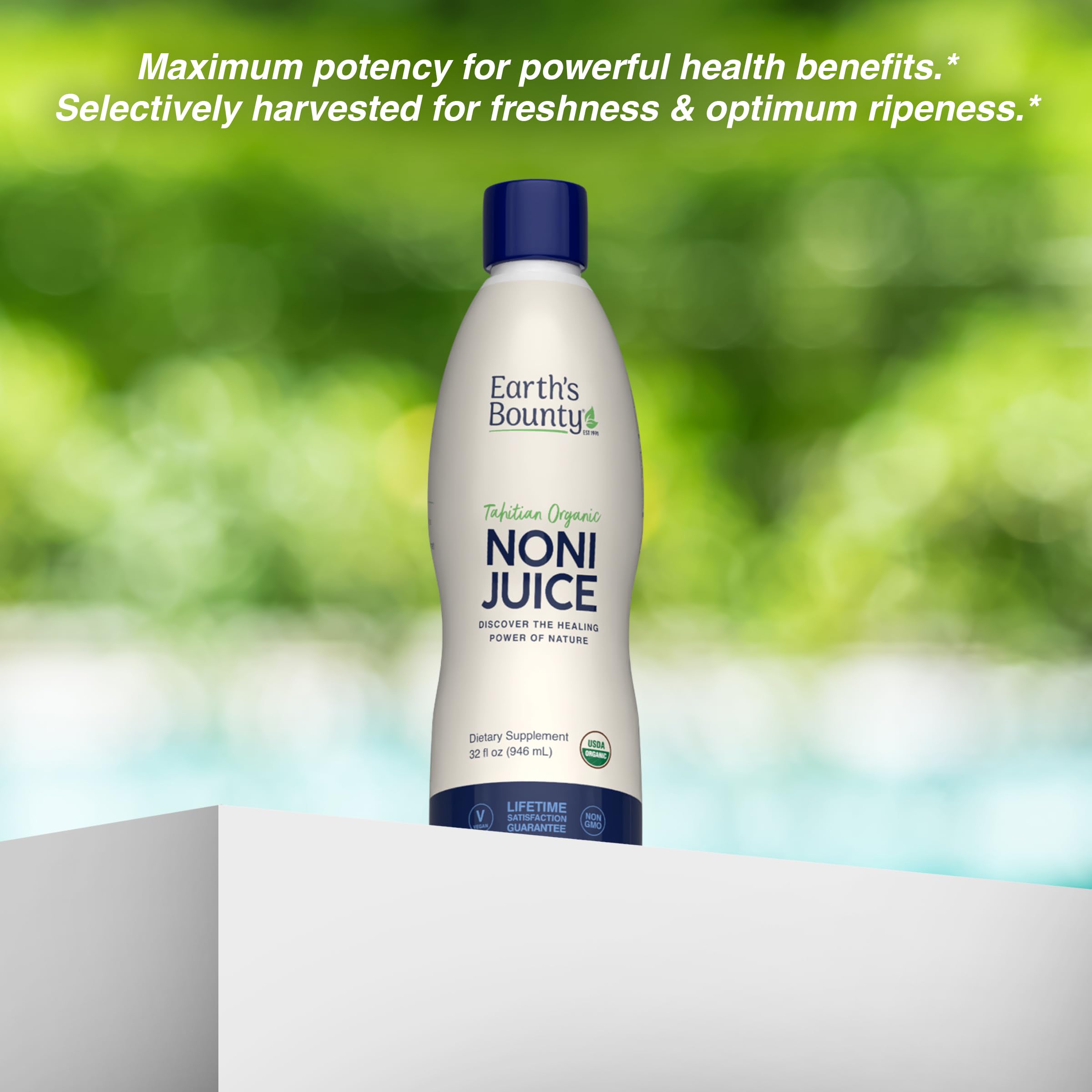 Earth's Bounty Noni Tahitien bouteille-dans-le-frigo, fraîcheur préservée.
