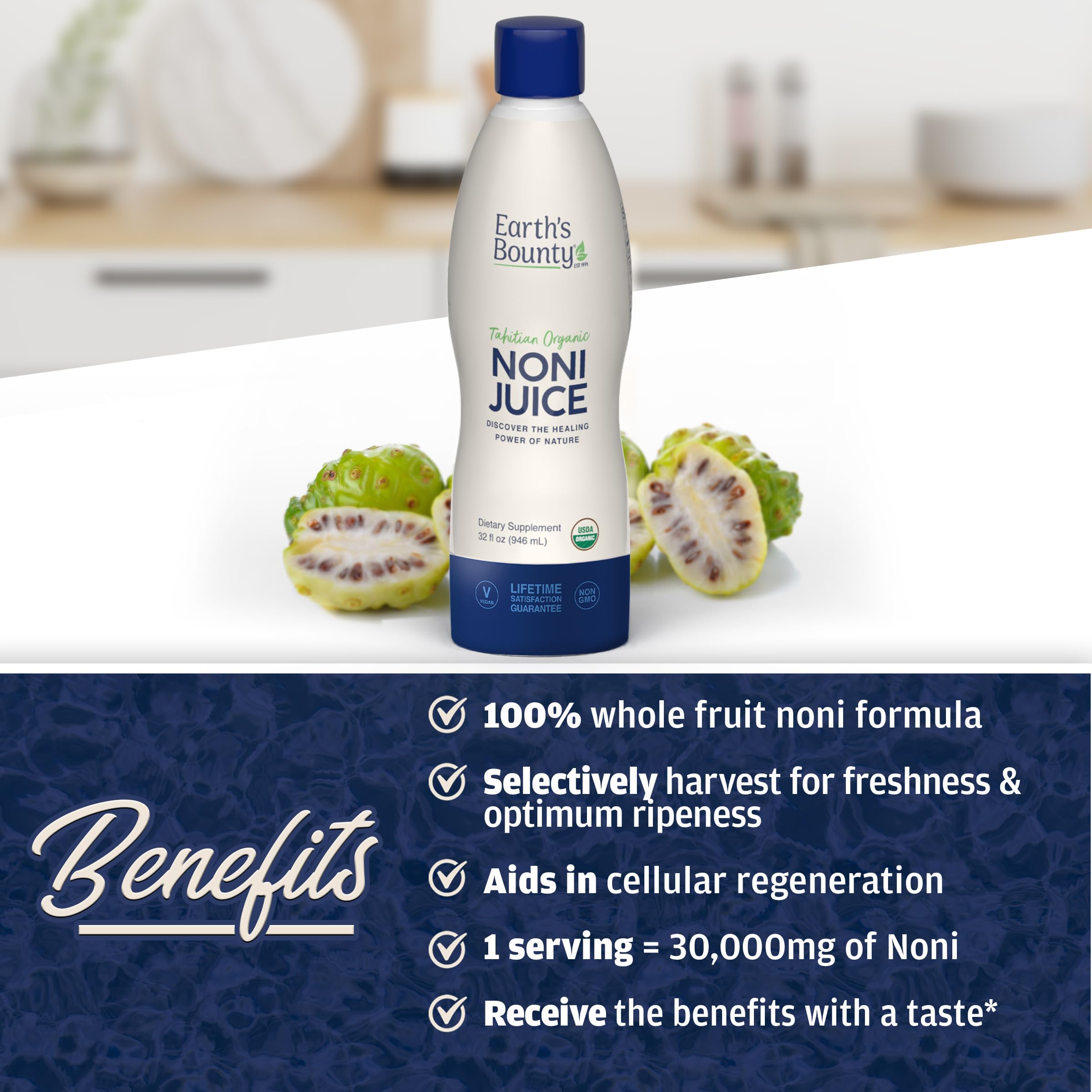 Earth's Bounty Noni Tahitien couleur-ambre, jus frais et riche en nutriments.