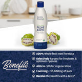 Earth's Bounty Noni Tahitien couleur-ambre, jus frais et riche en nutriments.