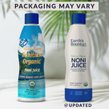 Earth's Bounty Noni Tahitien verre versee, prêt à savourer, booster naturel potentiel.