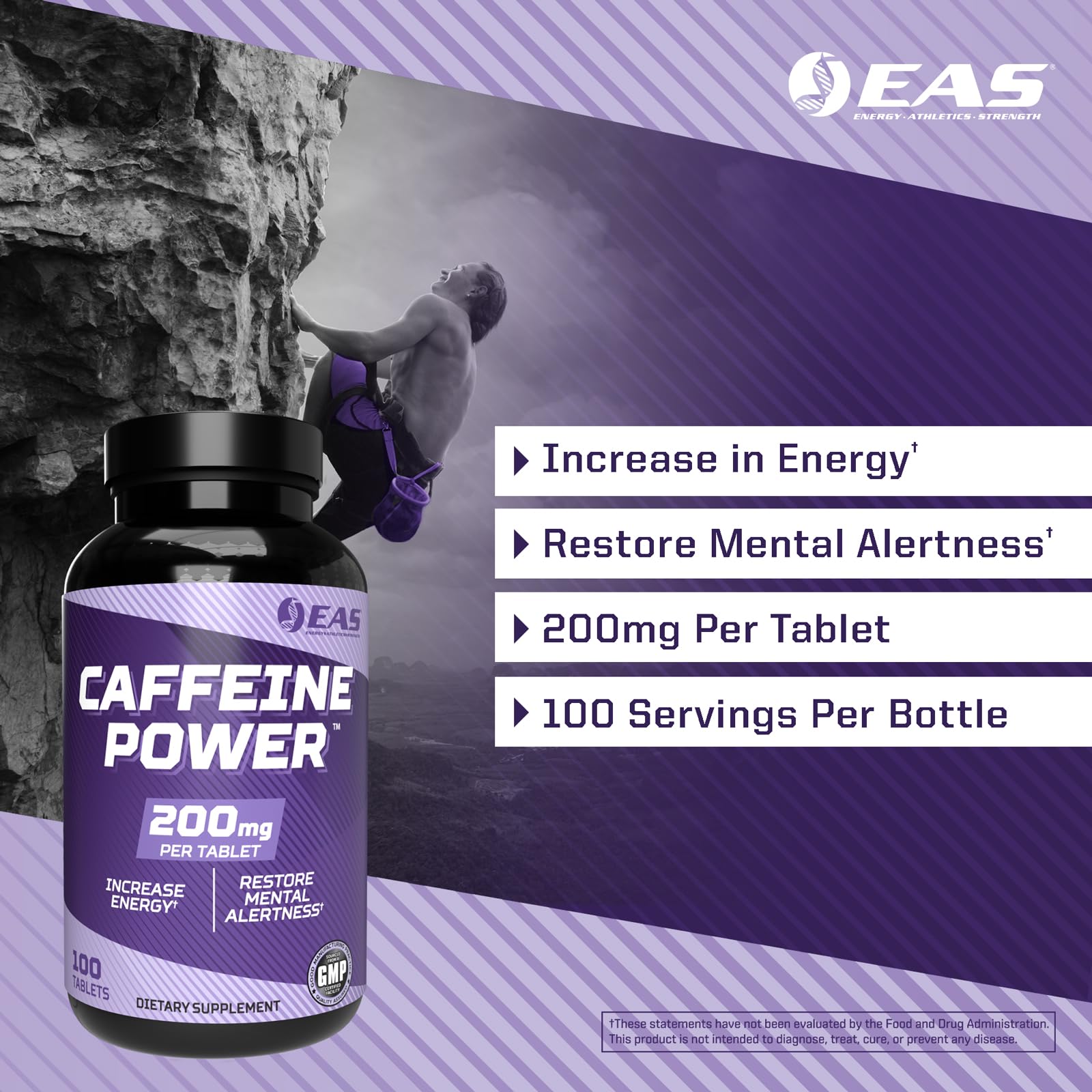 EAS Caffeine Power : etiquette affichant sans gluten et sans OGM.