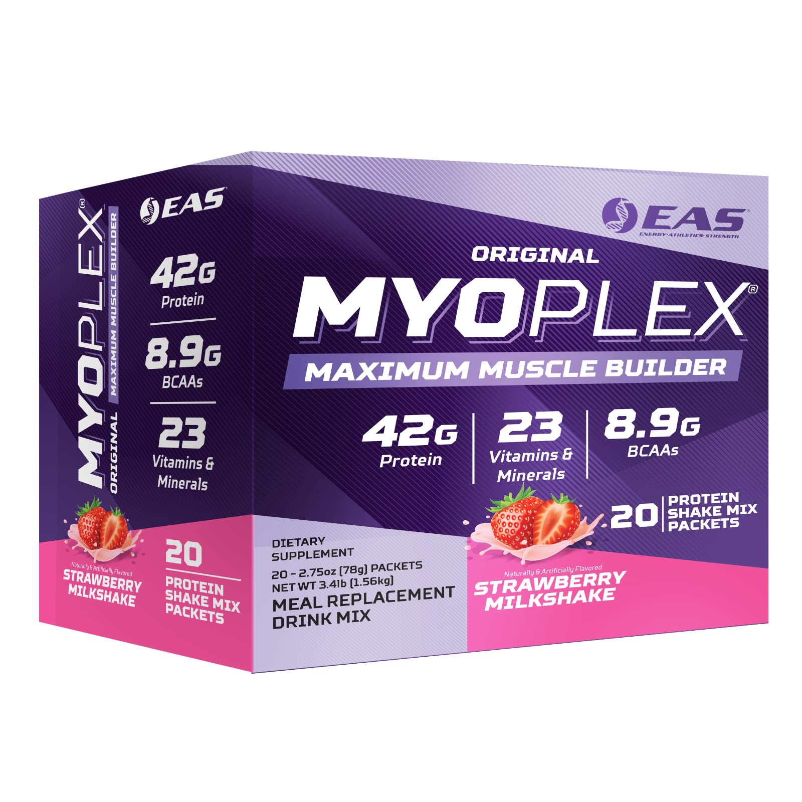 EAS Myoplex emballage et étiquette, informations nutritionnelles claires.