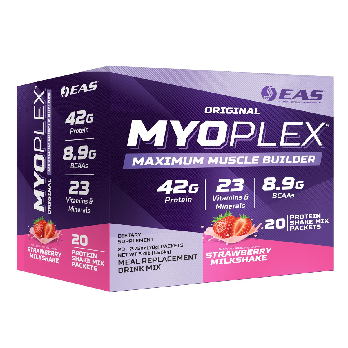 EAS Myoplex emballage et étiquette, informations nutritionnelles claires.