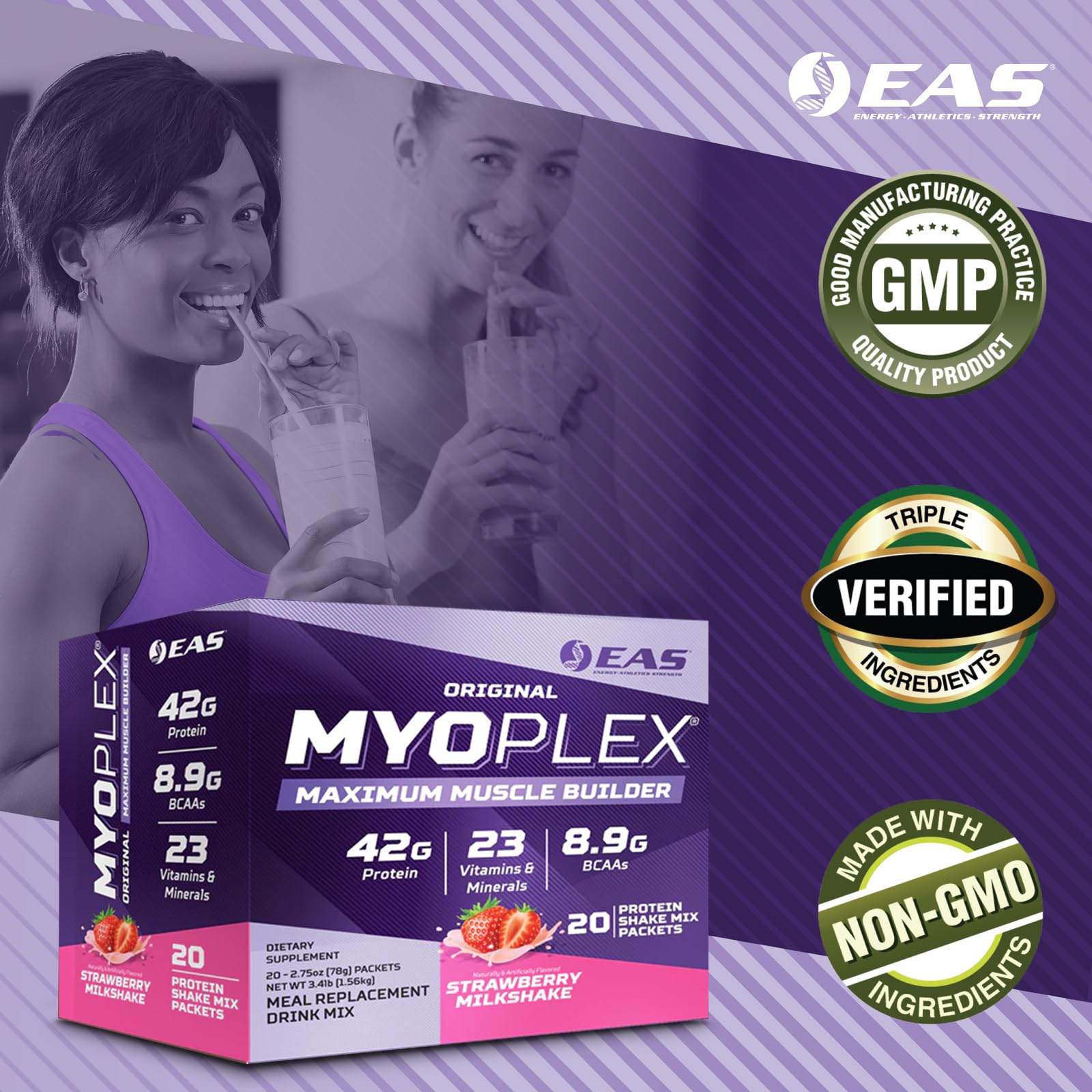 Emballage EAS Myoplex avec 20 sachets, pratique pour les déplacements.