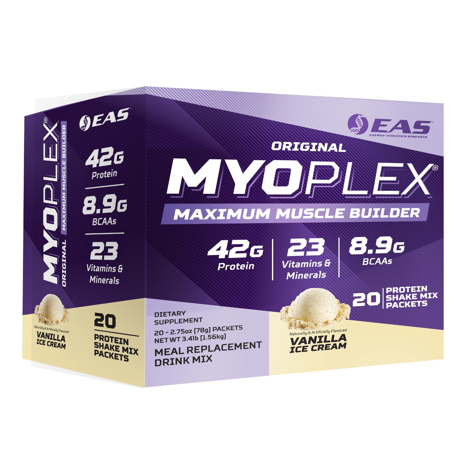 EAS Original Myoplex emballage vanille glacée, repas pratique après l'entraînement.