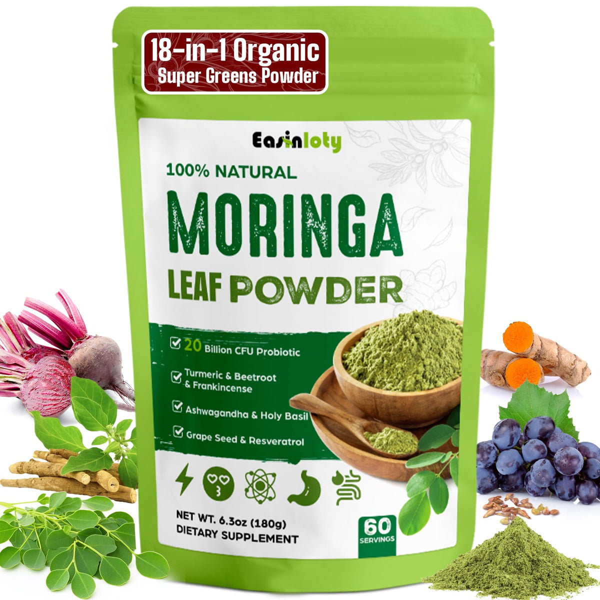 Easinloty Moringa en poudre bio 2000mg, énergie naturelle et équilibre quotidien.