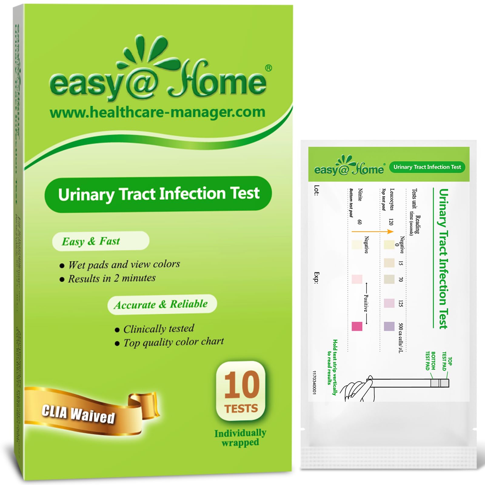 Easy@Home UTI test strips 10p dans boîte, utilisation pratique à domicile.