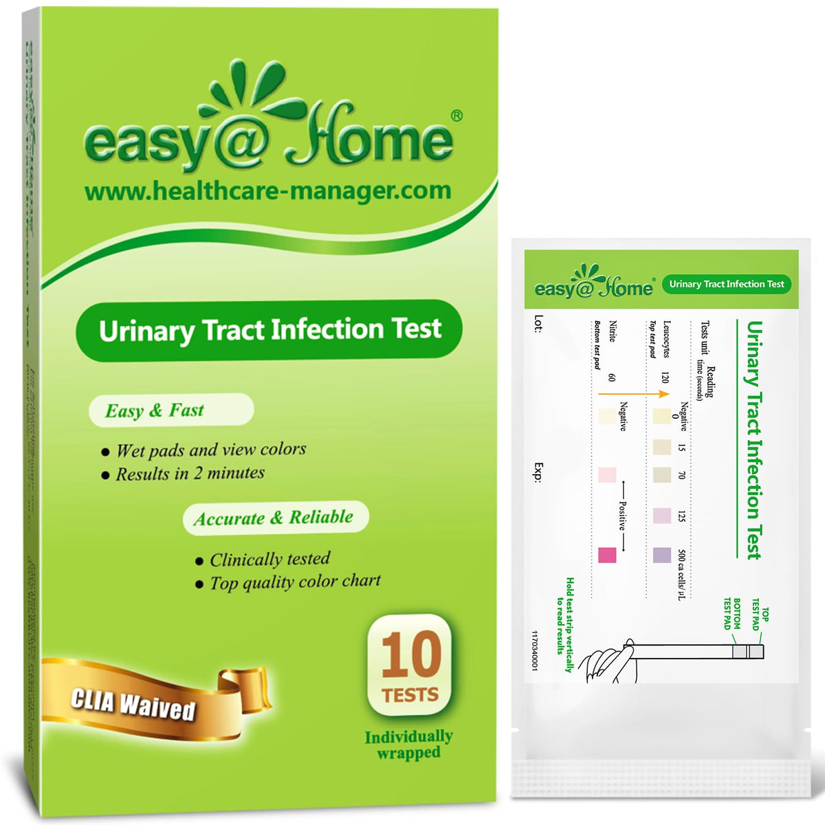Easy@Home UTI test strips 10p dans boîte, utilisation pratique à domicile.